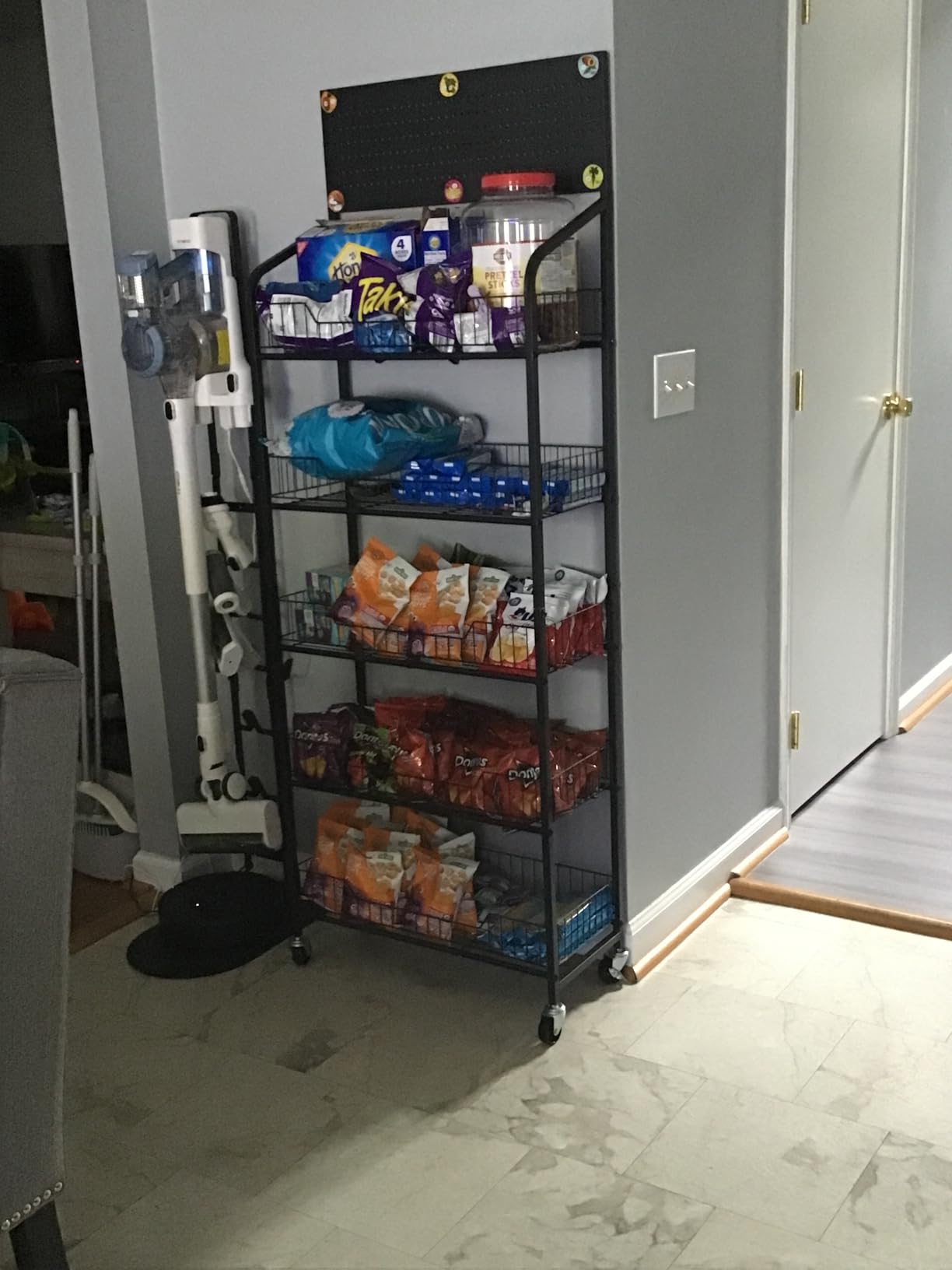 5 Tier Supermaket Snack Rack Display Stand, Free-Standing Black Retail Display Shelves with 12 Hooks & 4 Wheels, Large Metal Snack Shelf for Store Business customer photo 2