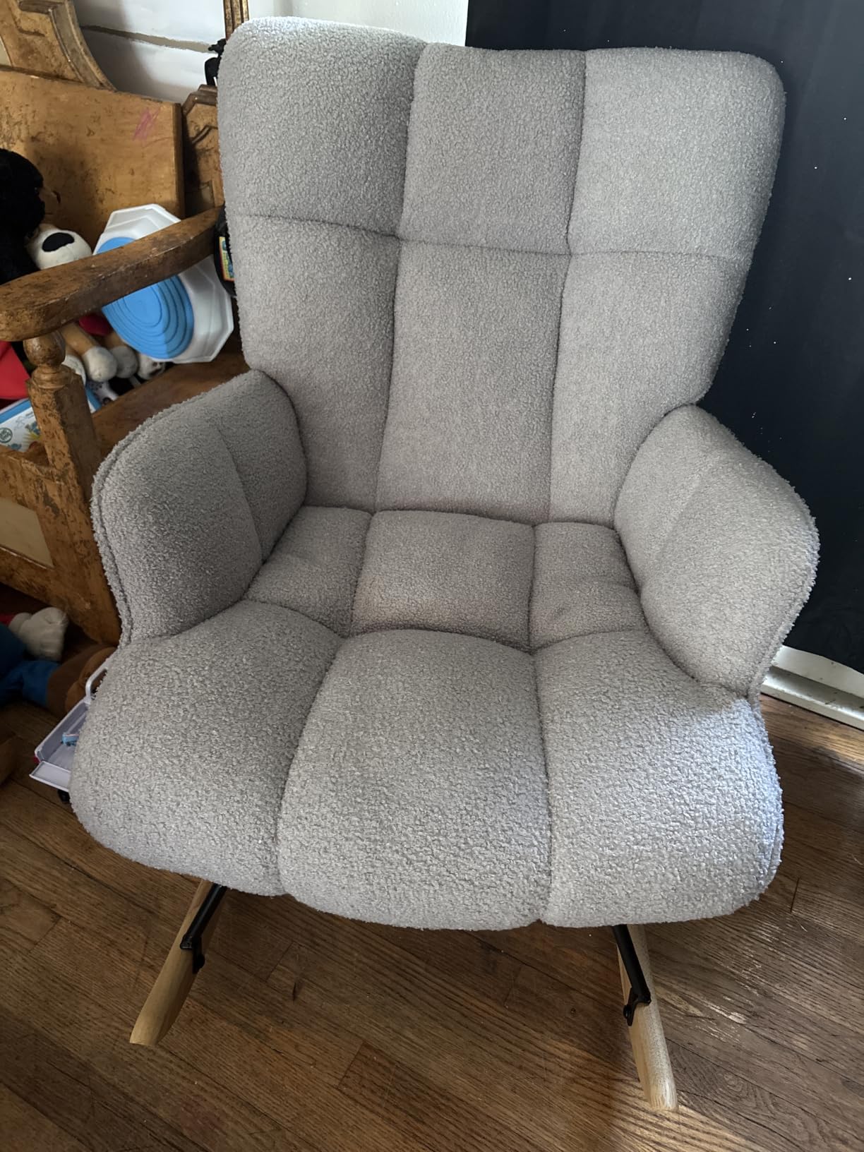 Rocking Chair Nursery Teddy Upholstered Glider Rocker Rocking Accent Chair Padded Seat with High Backrest Armchair Comfy Side Chair for Living Room Bedroom Offices (Grey Teddy) customer photo 1