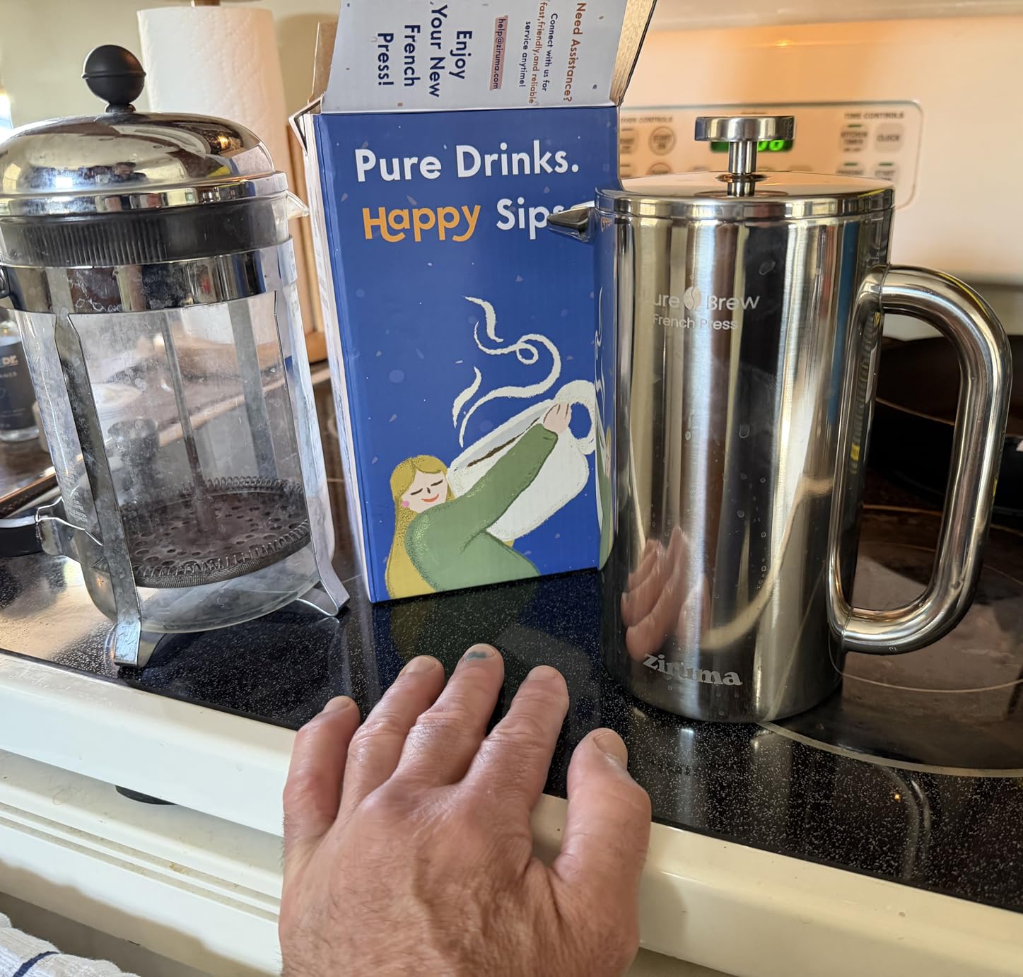 Non-Toxic Stainless Steel French Press, No Plastic or Heavy Metals, 34 oz | Surgical-grade steel. 4-layer filter. Double-wall insulated, stays hot for longer. Measure marks. Dishwasher safe. Portable. customer photo 2