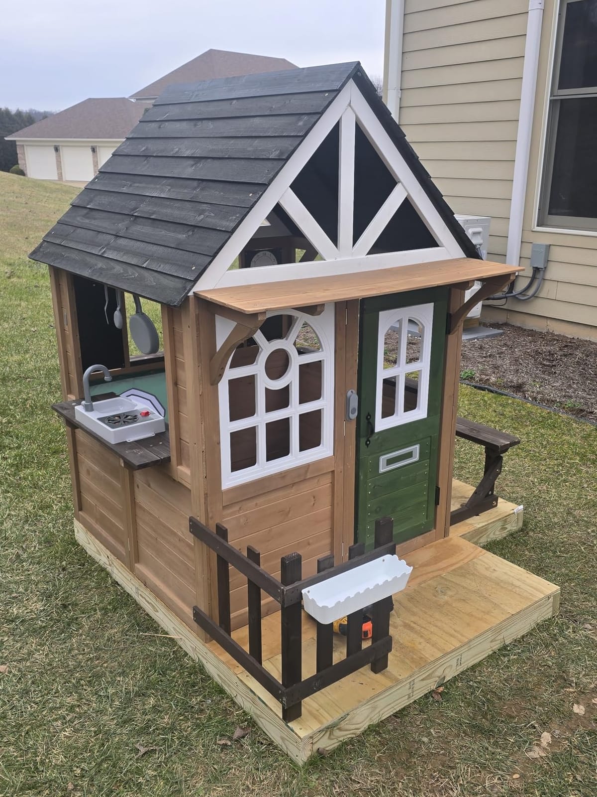 Kids Outdoor Playhouse, Cedar Gray Wooden Play House for Kids Ages 3-8, with Play Kitchen, Interactive Doorbell, Toy Phone, Sink, Flowerpot customer photo 1