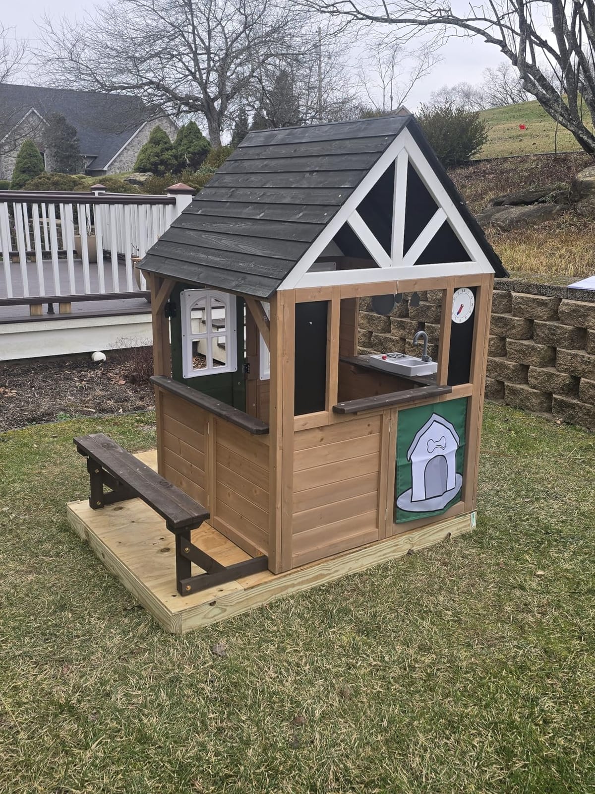 Kids Outdoor Playhouse, Cedar Gray Wooden Play House for Kids Ages 3-8, with Play Kitchen, Interactive Doorbell, Toy Phone, Sink, Flowerpot customer photo 2