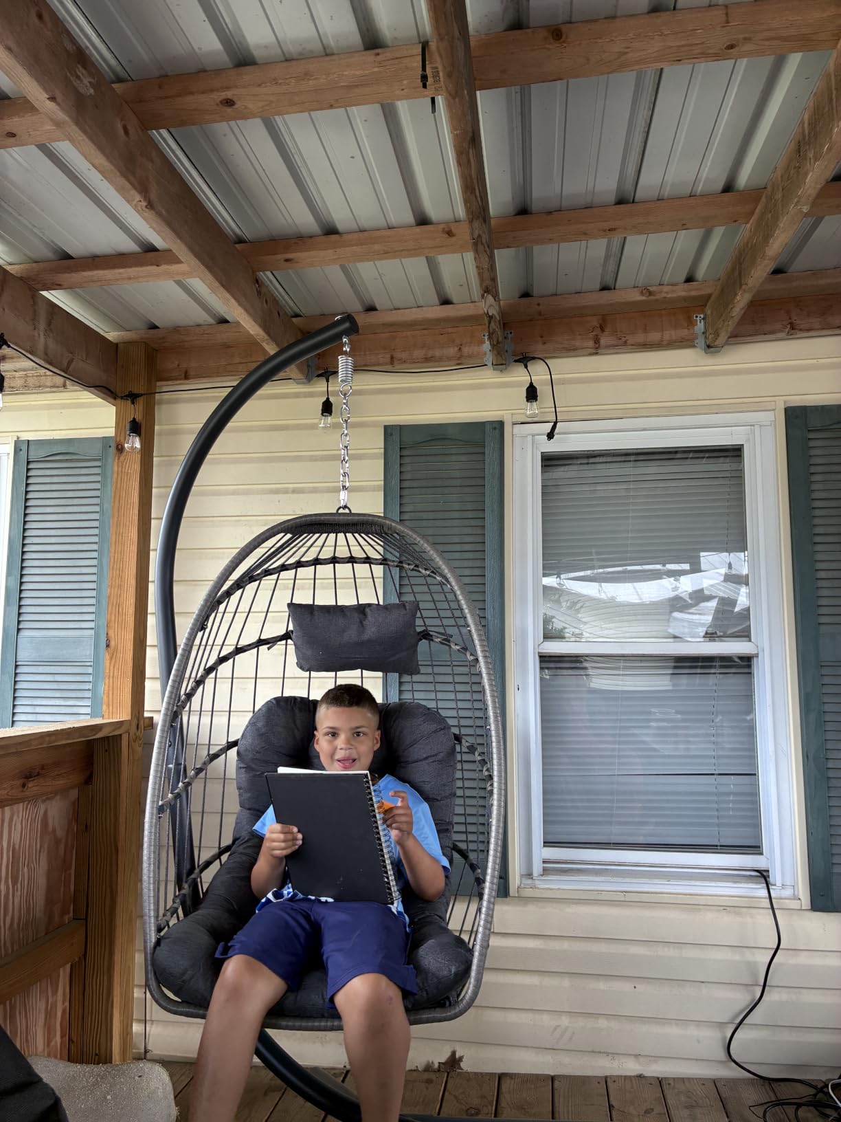 Egg Chair Outdoor with Stand, Indoor Wicker Hanging Egg Swing, Grey, Patio Swinging Chair with Thick Cushion, Egg Shaped Swing for Bedroom Porch Balcony, Rattan Hammock Chairs 370 LBS Capacity customer photo 2