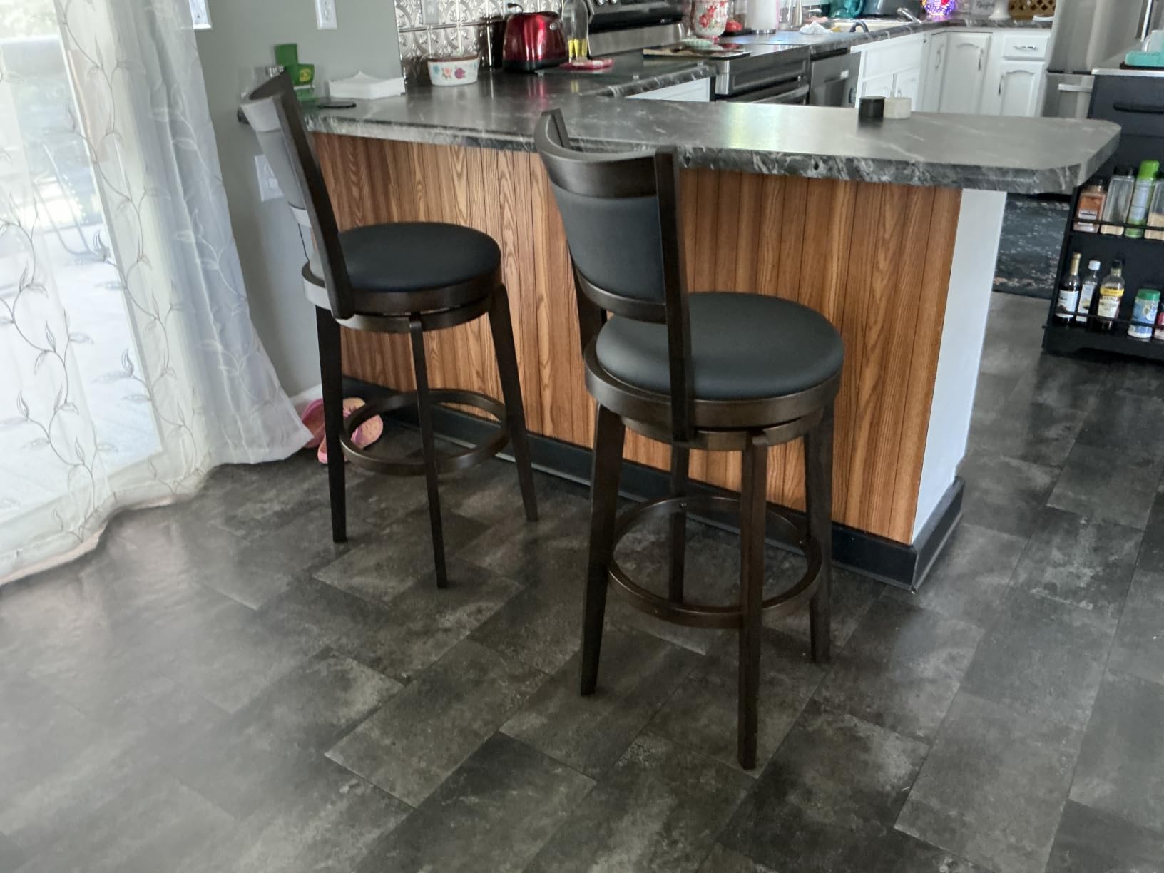 PrimeZone Swivel Bar Stools Set of 2, 30 Inch Bar Height Barstools, Black Faux Leather, High Backrest, Solid Rubberwood Frame, Wrap-around Footrest, Counter Stools for Kitchen Island, Pub customer photo 1