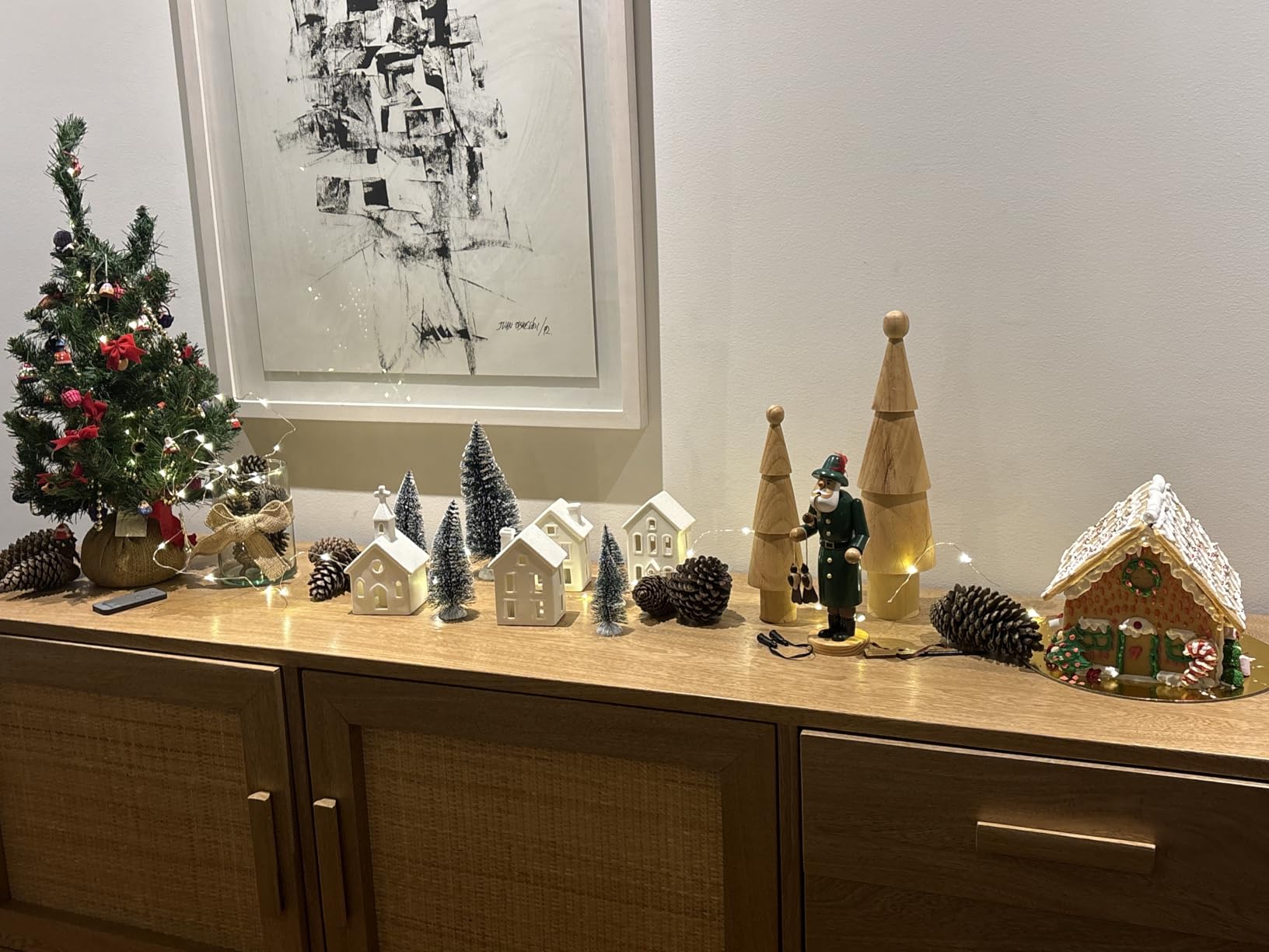 9 Pcs Christmas Village Figurines Sets - 4 Lighted Ceramic Houses & 5 Trees | Remote Control Christmas Decorations Indoor - White Xmas Holiday Farmhouse Rustic Decor for Home Table Room customer photo 1