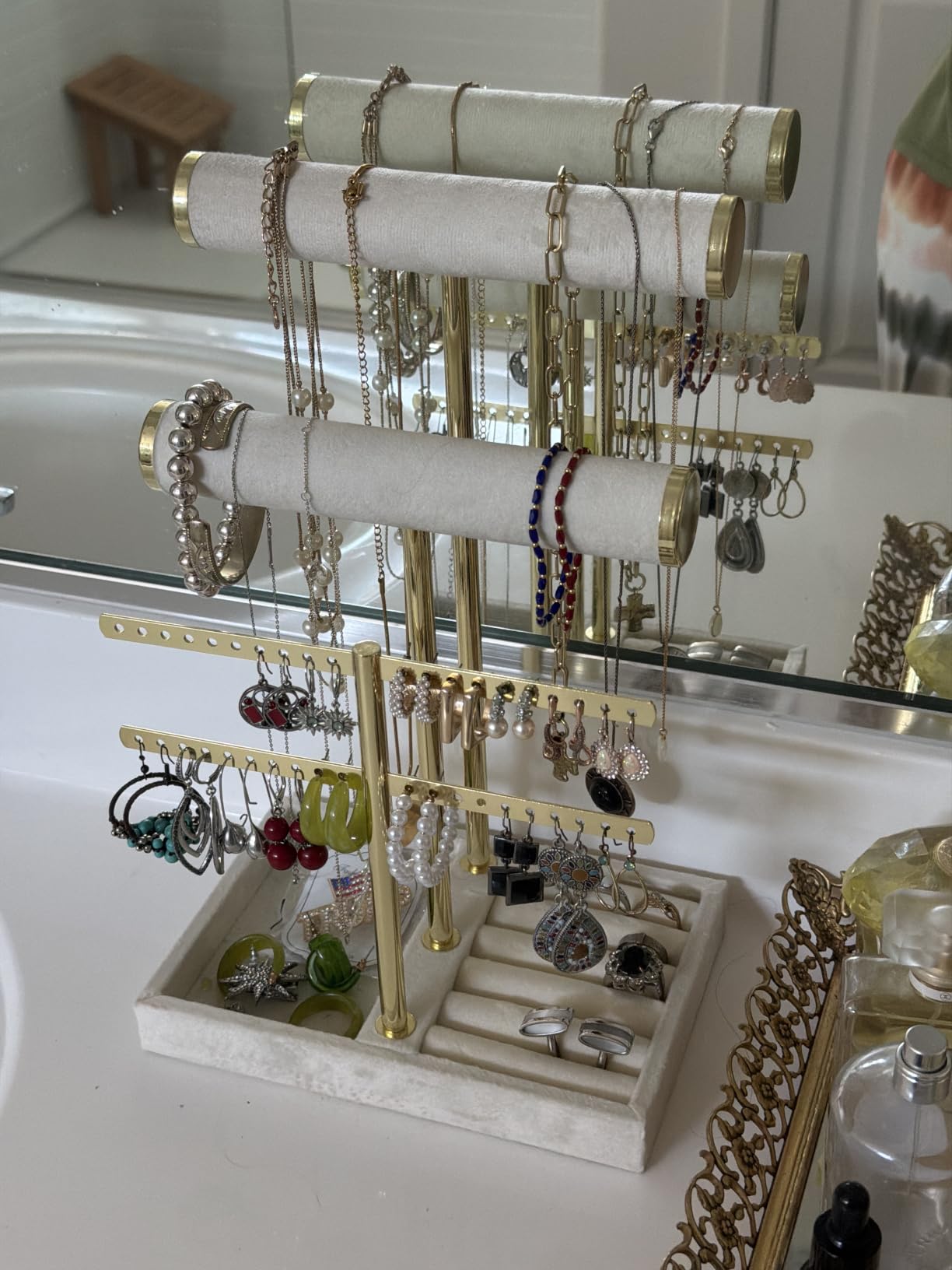 Jewelry Organizer Stand for Necklaces, Bracelets, Earrings, Rings, Beige | 3 Tier Velvet Bracelet Holder Display | Jewelry Organizers and Storage | Jewelry Tree | Jewelry Towers customer photo 1