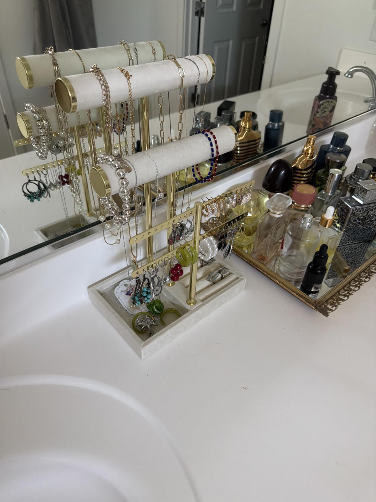 Jewelry Organizer Stand for Necklaces, Bracelets, Earrings, Rings, Beige | 3 Tier Velvet Bracelet Holder Display | Jewelry Organizers and Storage | Jewelry Tree | Jewelry Towers customer photo 2