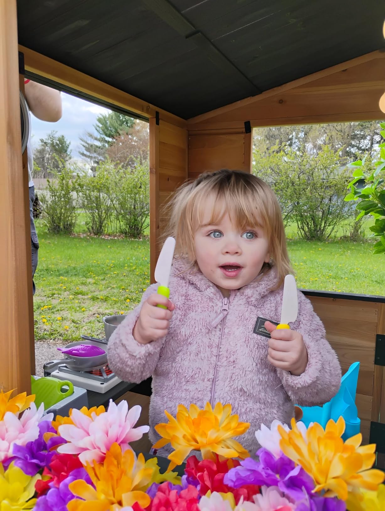 Backyard Discovery Caraway Cottage Cedar Wooden Kids Playhouse with Play Kitchen, Chalkboard, Mailbox, Half Door, Windows, Flower Box, Modern Farmhouse Design for Outdoor Imaginative Play customer photo 2