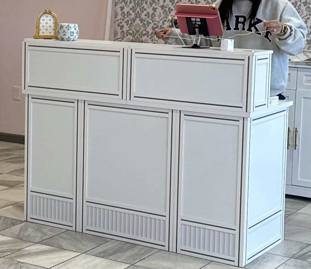 LITTLE TREE 57-Inch Reception Counter, Boho Style Front Desk, Modern Checkout Counter, Reception Desk for Retail, Lobby, Salon, Office, Oak customer photo 1
