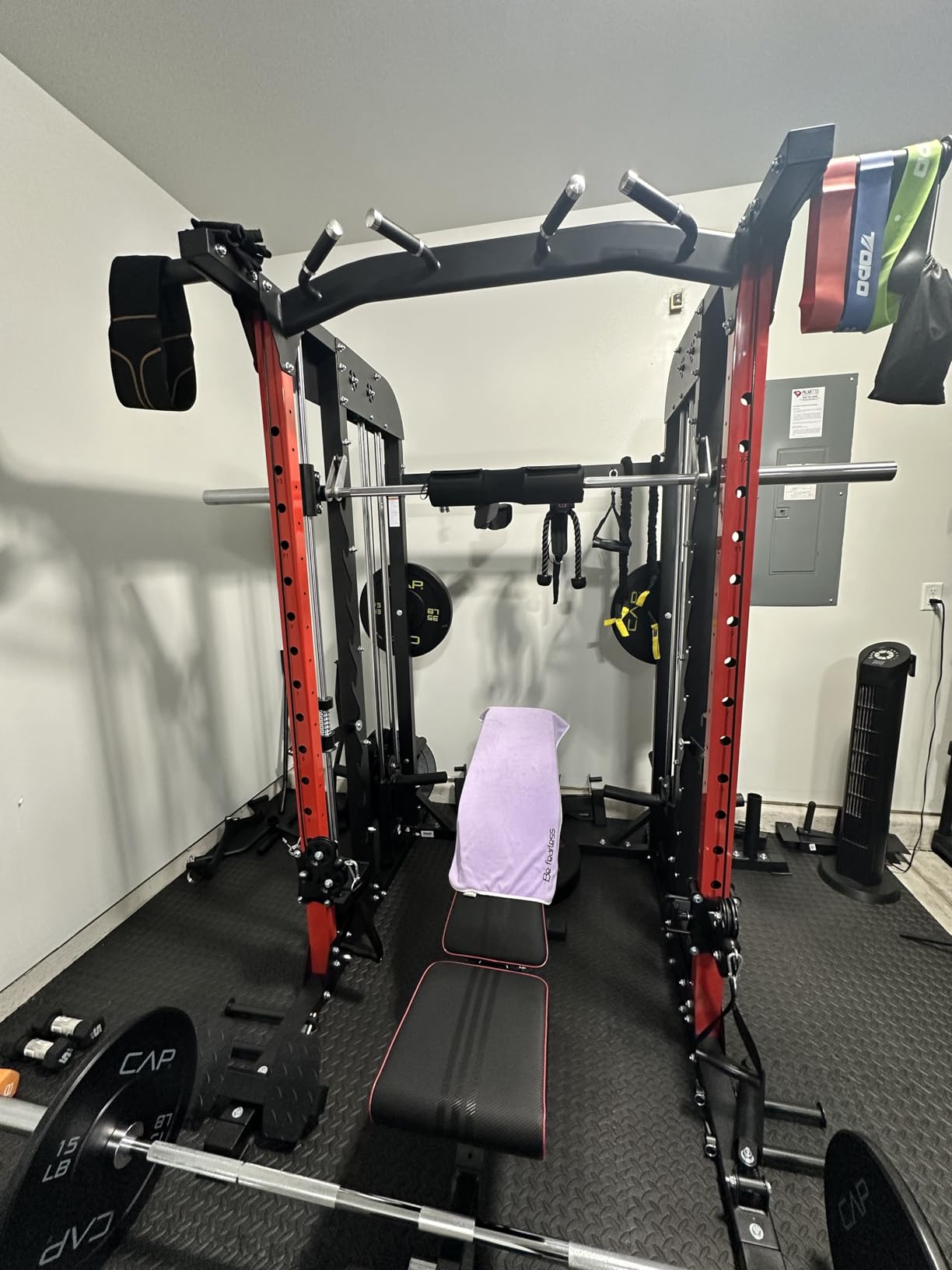 pooboo Power Cage Smith Machine with 2000LB Squat Rack Cable System | LAT Pulldown and Dual Pulley Cable Crossover with All-in-One Home Gym Machine, Adjustable Stations and Training Attachments customer photo 2