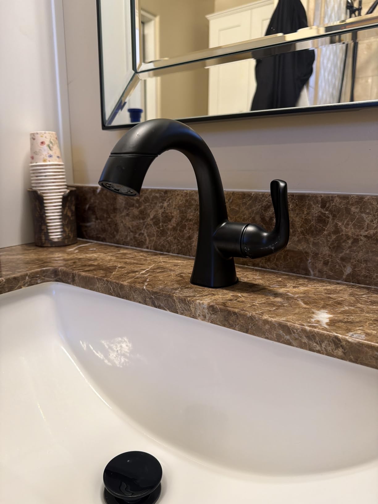 Delta Arvo 1 Hole Pull Down Bathroom Faucet with Sprayer, Brushed Nickel Single Hole Bathroom Sink Faucet with Pull Out Sprayer for Vanity, Push-Pop Drain, SpotShield Stainless 15840LF-SPPD customer photo 1