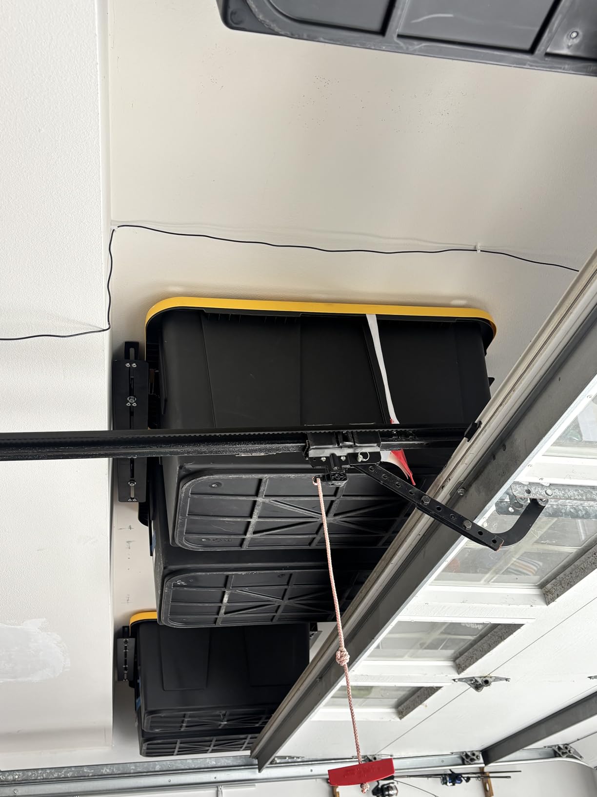 Overhead Garage Storage Rack Extra Large-Organizes Up to 15 Tote Bins 0.1-inch Thickened Heavy Alloy Steel Garage Tote Storage System with Adjustable Rails-Ceiling Storage Rack customer photo 1