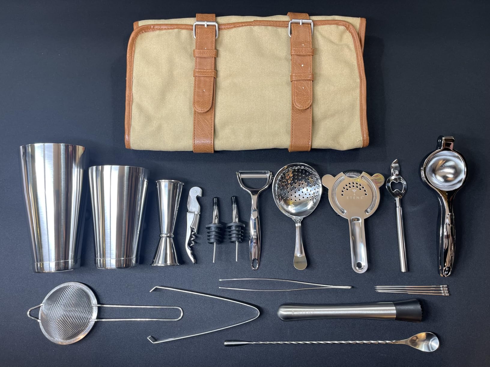 Etens Travel Bartender Kit - 22-Pc Bartending Kit with Bar Tools Bartender Accessories, Waxed Canvas Tool Bag - Professional Stainless Steel Bar Tools Set with Standard Jigger, Unbreakable Squeezer customer photo 1