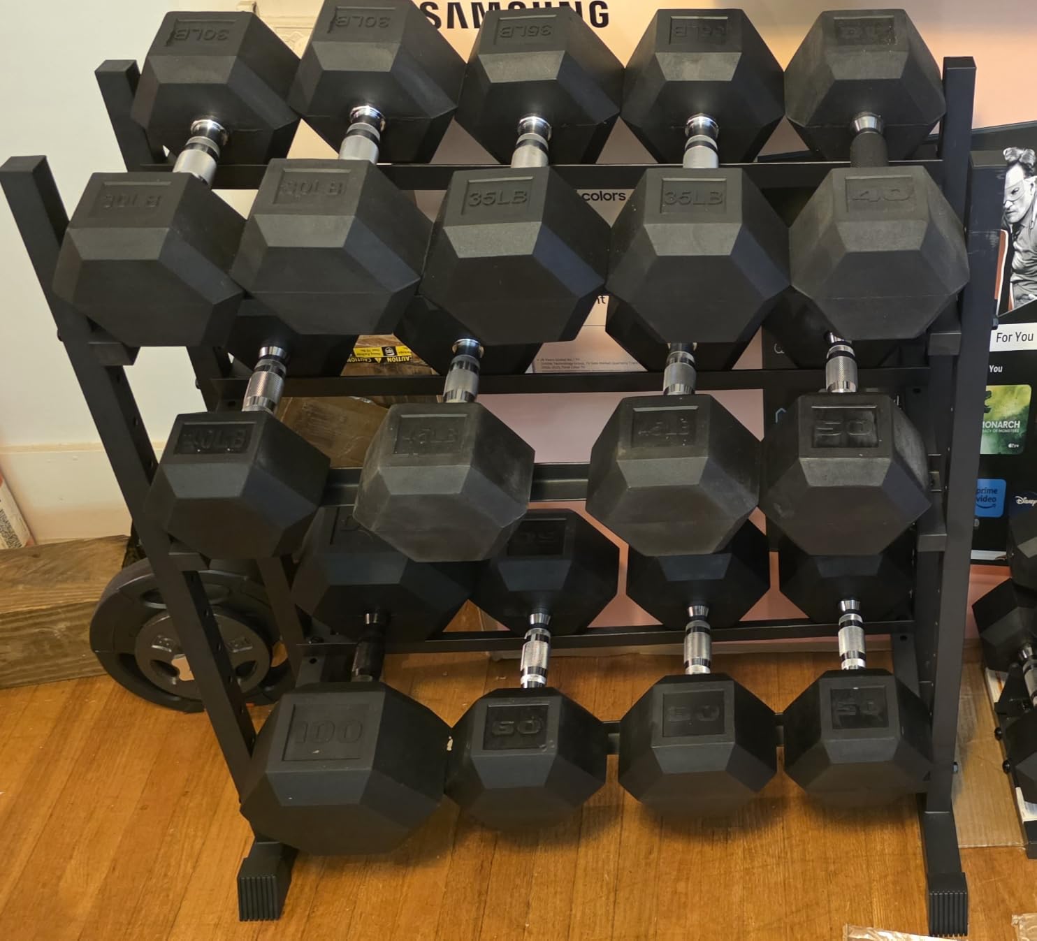 Jusgym Dumbbell Rack Stand Only, 3 Tier Adjustable Height & Angle 1100LBS | H-Shaped Stable Frame & Space-Saving Design, Heavy Duty Weight Rack for Home Gym, Fits Dumbbells Kettlebells & Weight Plates customer photo 1