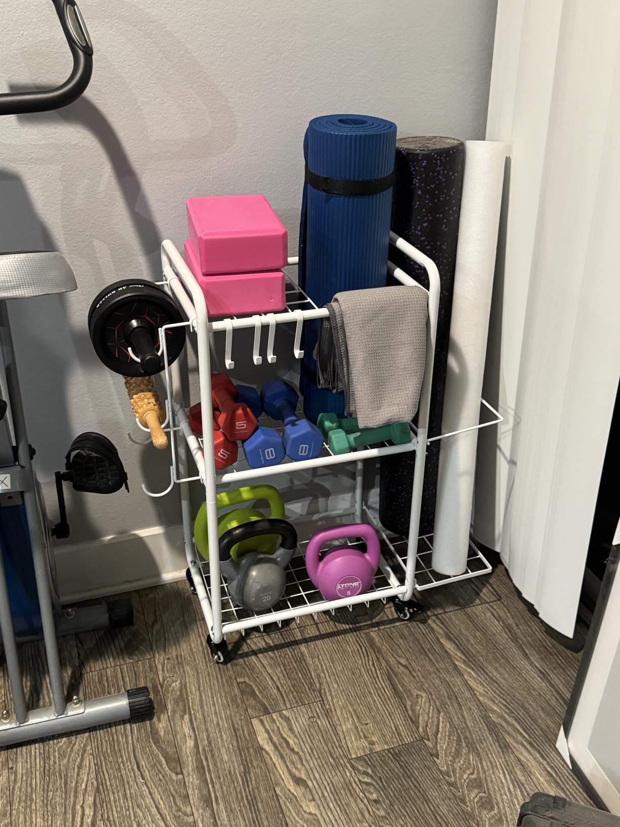 Multi-Functional Home Gym Storage Rack with Wheels and Hooks | Space Saving, Easy to Assemble, All-in-One, Gym Equipment Storage for Dumbbells Kettlebells Yoga Mat customer photo 2