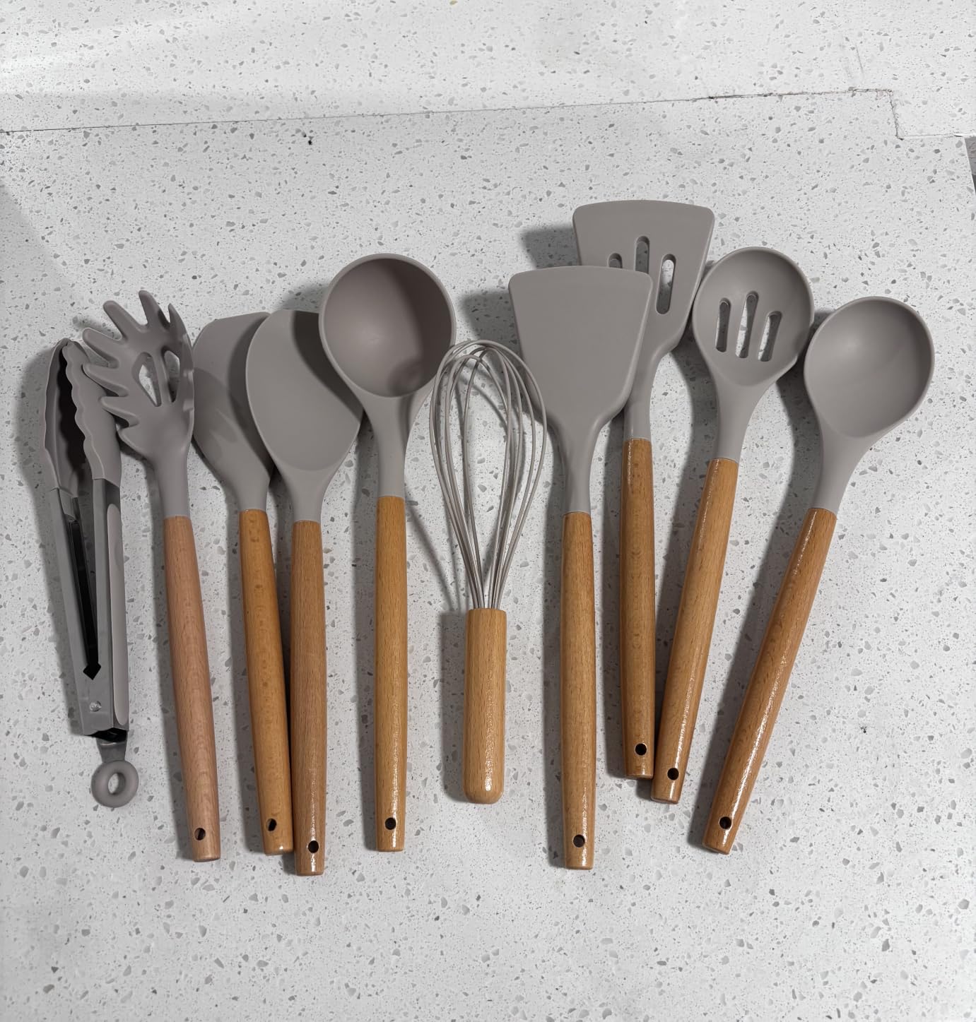 E-far Silicone Cooking Utensils Set, 5-Piece Kitchen Utensils Set with Wooden Handle for Cooking, Nonstick Tools Spatula Turner Slotted Spoons, Heat Resistant (Khaki) customer photo 1