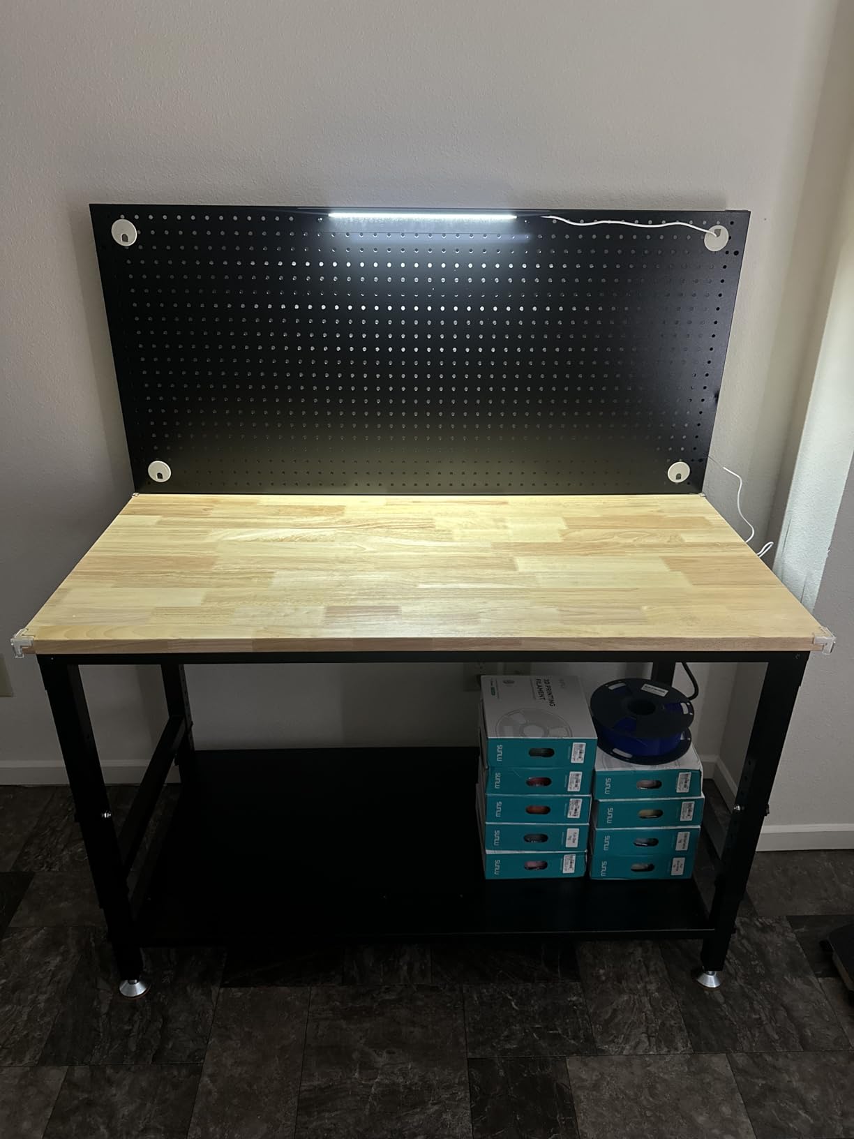 CAMMOO 48x24 Inch Garage Work Bench with Storage, Pegboard & Power Strip | Heavy Duty Adjustable Workbench With 2000 lb Load, Rubberwood Top, LED Light & ETL Outlets For Garage Workshop customer photo 1