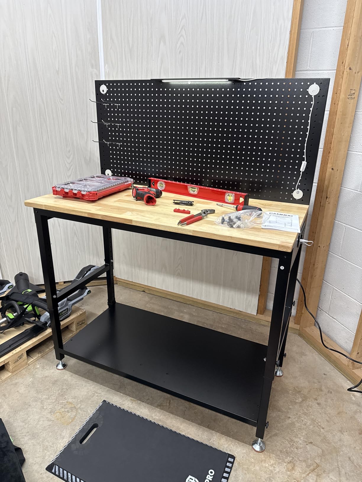 CAMMOO 48x24 Inch Garage Work Bench with Storage, Pegboard & Power Strip | Heavy Duty Adjustable Workbench With 2000 lb Load, Rubberwood Top, LED Light & ETL Outlets For Garage Workshop customer photo 2