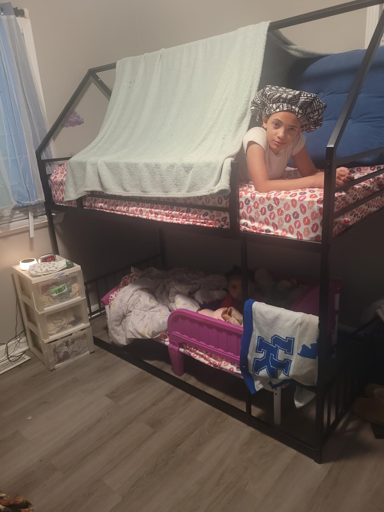 LIKIMIO Bunk Bed Twin Over Twin, House Bunk Bed Frame with Ladder, White | Twin Over Twin Bunk Bed. Metal frame with guardrails. House shaped with Metal Slats for bedroom. No box spring. Space Saving customer photo 1