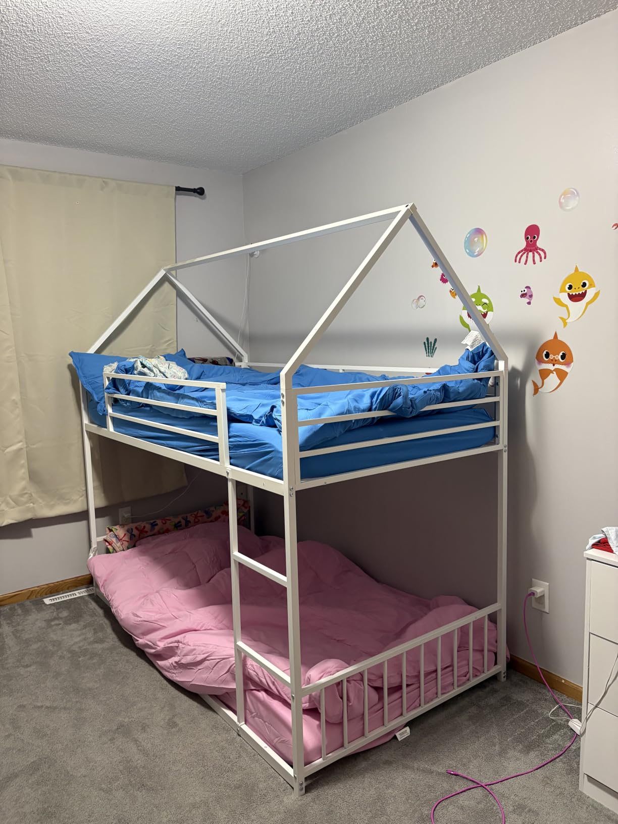 LIKIMIO Bunk Bed Twin Over Twin, House Bunk Bed Frame with Ladder, White | Twin Over Twin Bunk Bed. Metal frame with guardrails. House shaped with Metal Slats for bedroom. No box spring. Space Saving customer photo 2