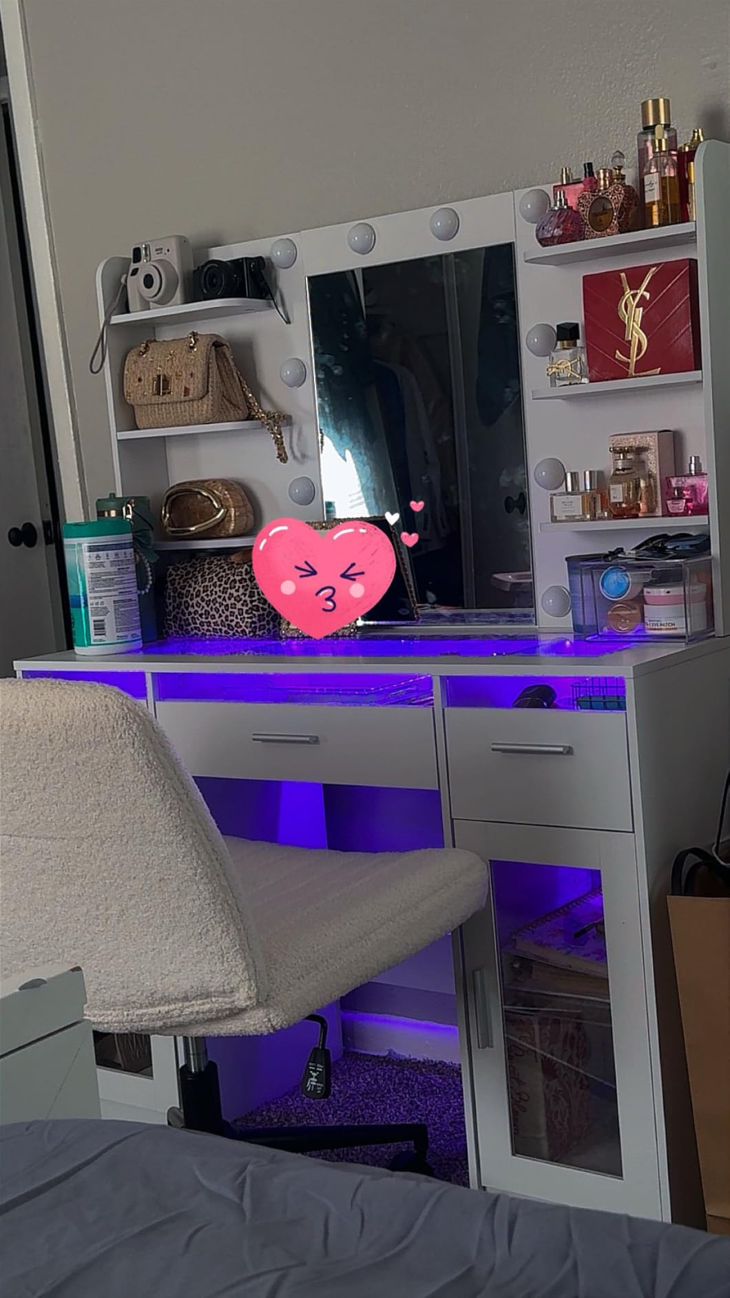 HUAHUU Vanity Desk, Makeup Vanity Desk with Mirror and Lights 3 Colors, Transparent Top with 3 RGB Drawers, 6 Shelves, 2 Large Tempered Cabinets, Power Outlet, for Bedroom, White customer photo 1
