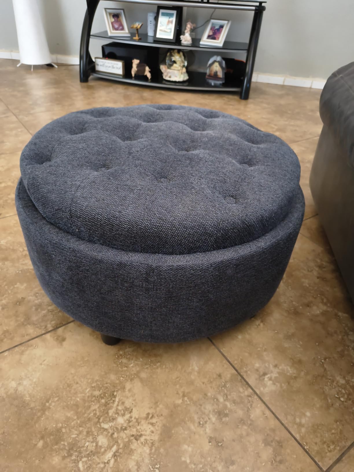 COLAMY Fabric Round Storage Ottoman with Reversible Tray Lid (Beige) - Multi-Functional Footrest, Hidden Storage, Sturdy & Stylish Small Coffee Table for Living Room, Bedroom, or Entryway customer photo 2