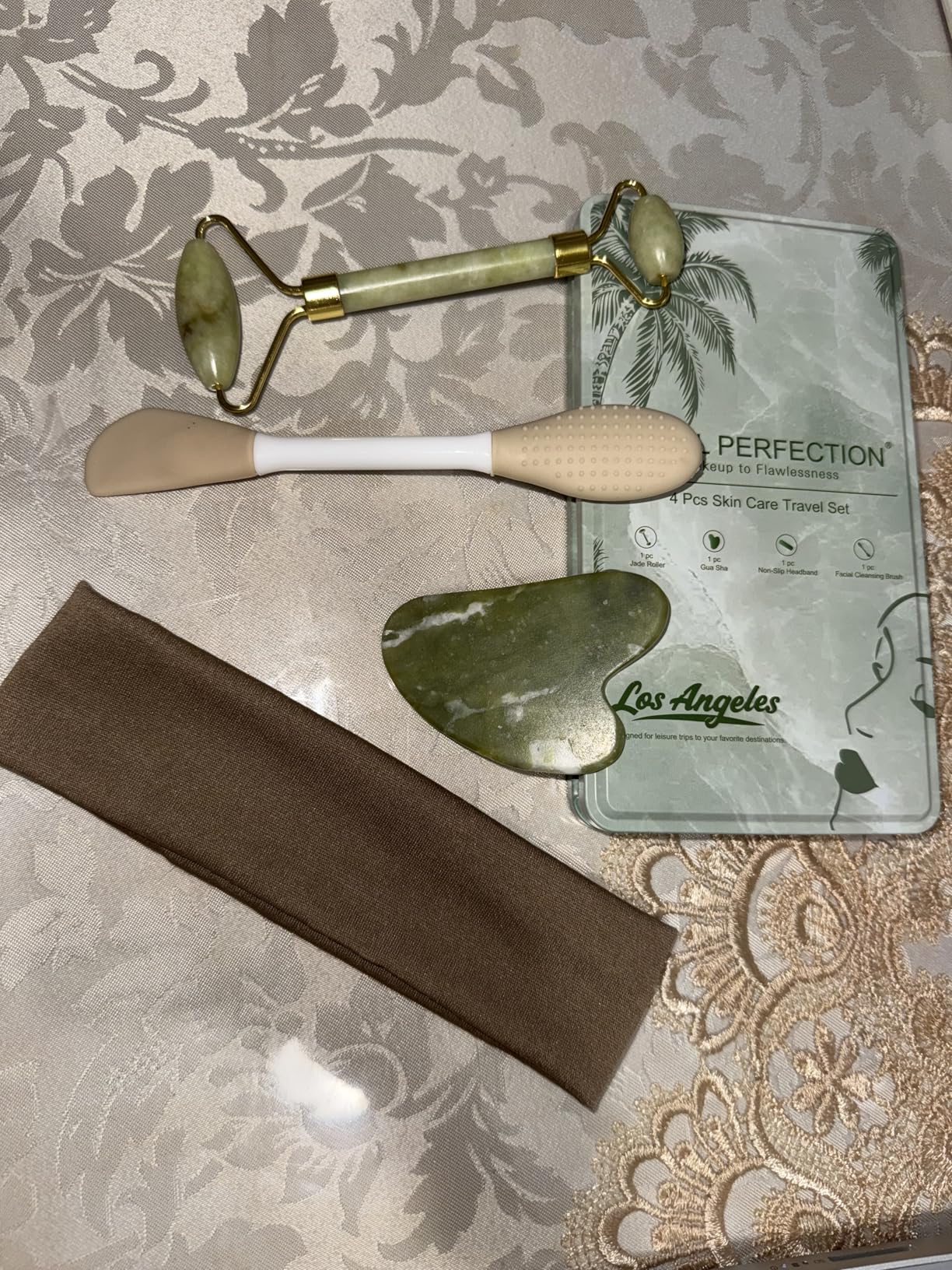 Real Perfection Gua Sha Facial Tools Face Roller for Wrinkles Jade Roller and Gua Sha Set, Scrubber Pore Brush Headband Skin Care Tools for Travel Skincare Routine Massaging Reducing Puffiness - Green customer photo 1