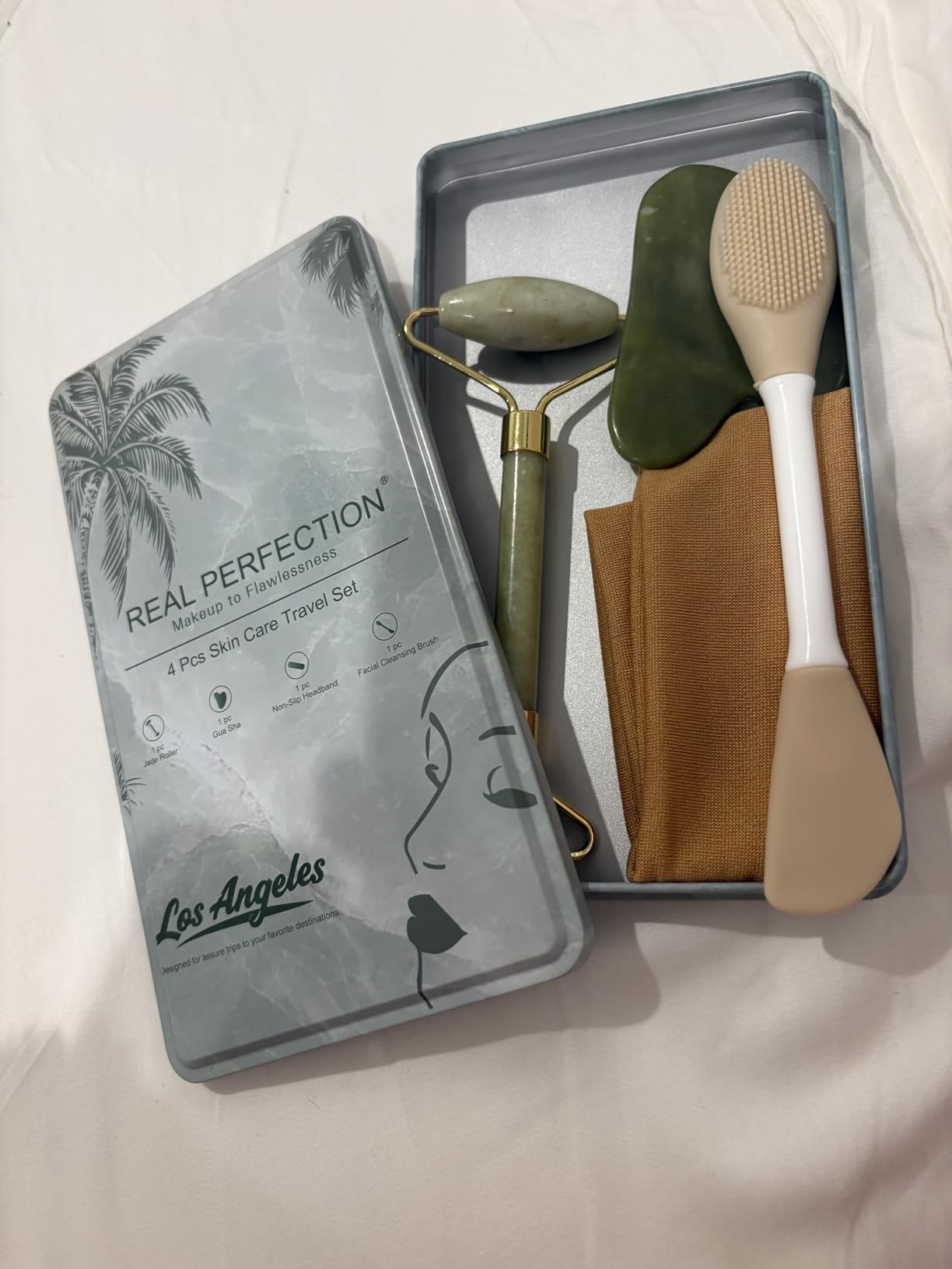 Real Perfection Gua Sha Facial Tools Face Roller for Wrinkles Jade Roller and Gua Sha Set, Scrubber Pore Brush Headband Skin Care Tools for Travel Skincare Routine Massaging Reducing Puffiness - Green customer photo 2
