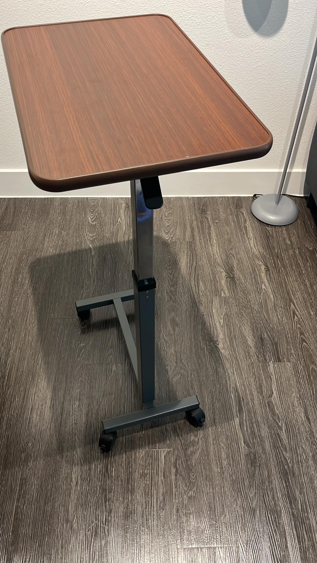 WOTURE Pneumatic Adjustable Overbed Bedside Table with Wheels - Hospital & Home Use, Medical Bed Table, Mobile Standing Desk, Rolling Laptop Cart, Non Tilt Surface (23.6