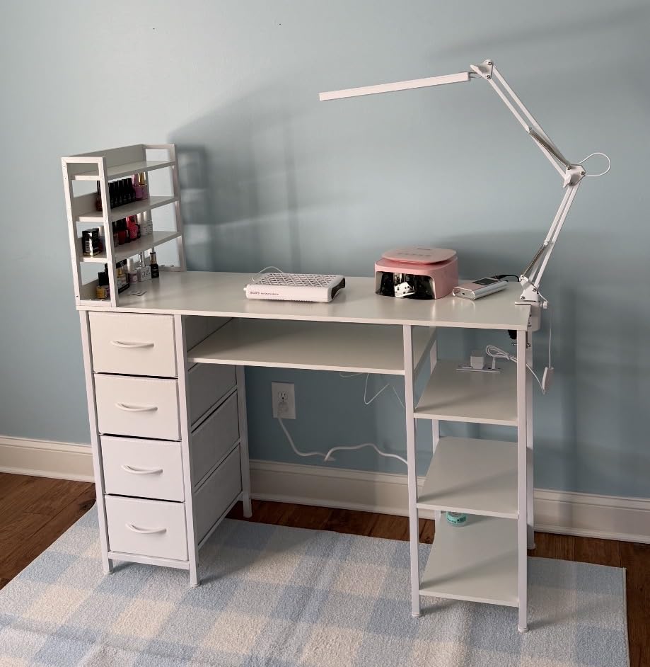 Manicure Table Nail Desk for Nail Tech with Drawers & Power Outlet | White Nail Beauty Table with Storage and Open Shelves for Home, Workshop, Makeup Beauty Salon Workstation customer photo 1