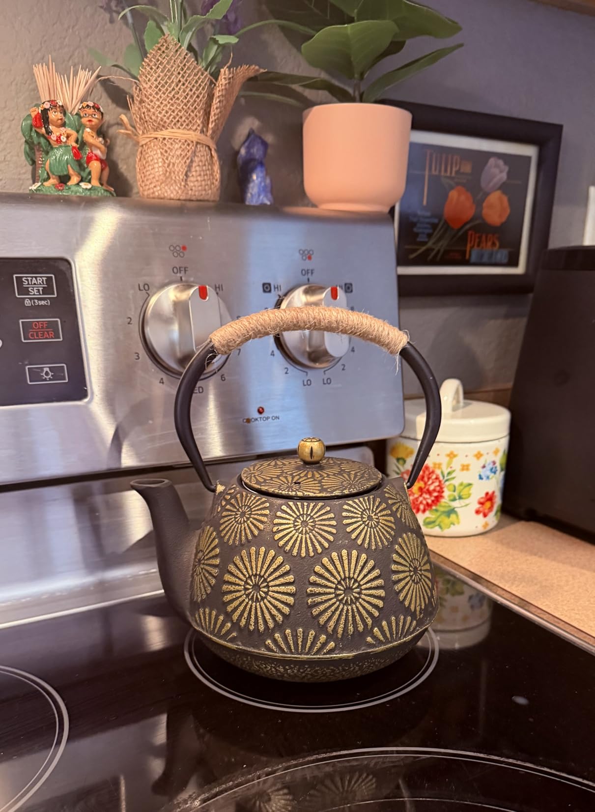 Cast Iron Teapot 40oz Infuser, Gold Gilt Enamel Lining | Japanese style cast iron teapot with stainless steel infuser, firework pattern, enamel interior for easy cleaning. customer photo 1