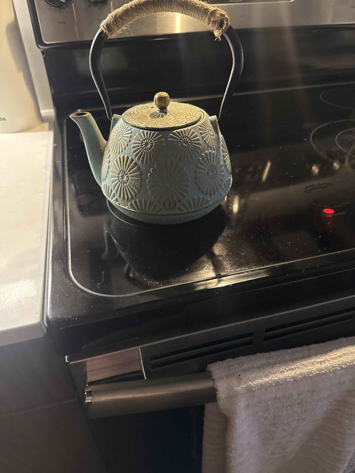 Cast Iron Teapot 40oz Infuser, Gold Gilt Enamel Lining | Japanese style cast iron teapot with stainless steel infuser, firework pattern, enamel interior for easy cleaning. customer photo 2