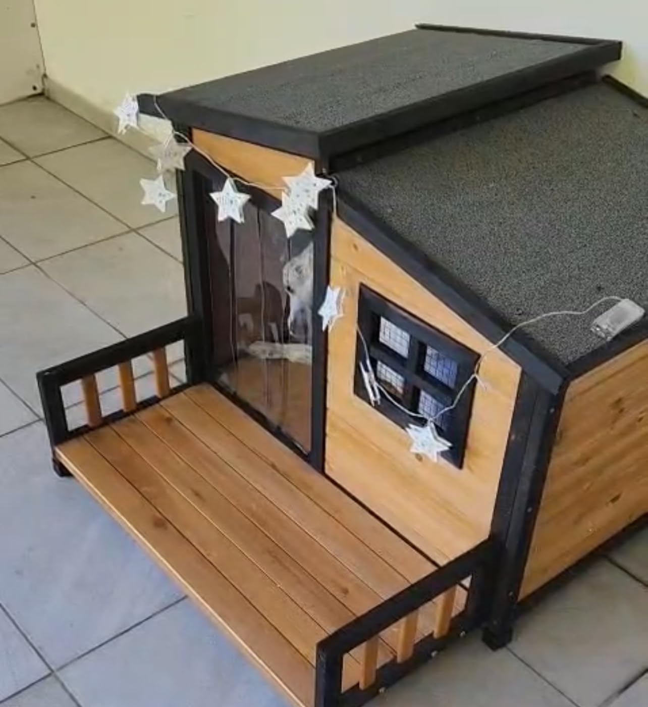 Large Dog House Outdoor Indoor for Small Medium Large Dog, Wood Insulated Dog Kennel Home with Durable Weatherproof Asphalt Roof and Elevated Floor Outside Shelter Brown 39x37x30 Inches customer photo 1
