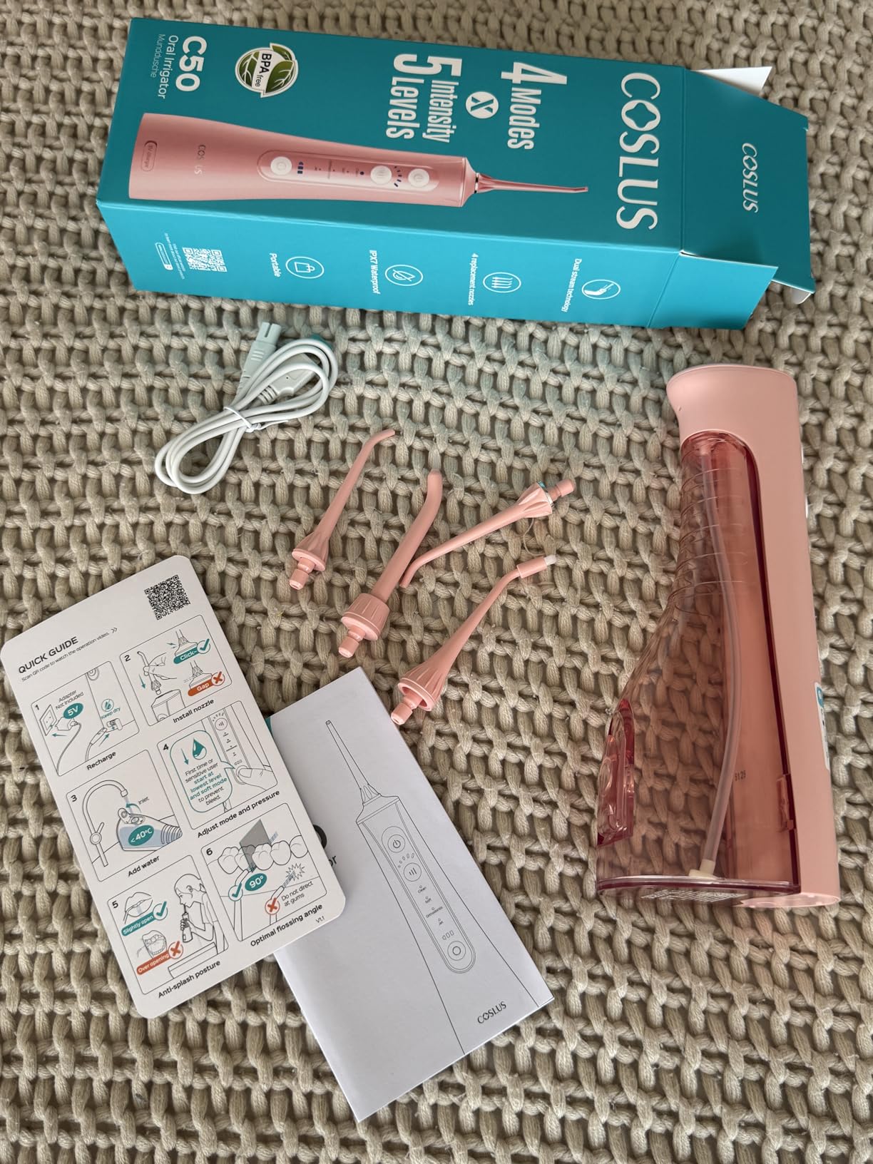 COSLUS ADA Accepted C50 Water Dental Flosser, 4 Modes 5 Intensity Levels | Professional Water Teeth Pick, Compact Cordless for Family Home Travel, Pink customer photo 1
