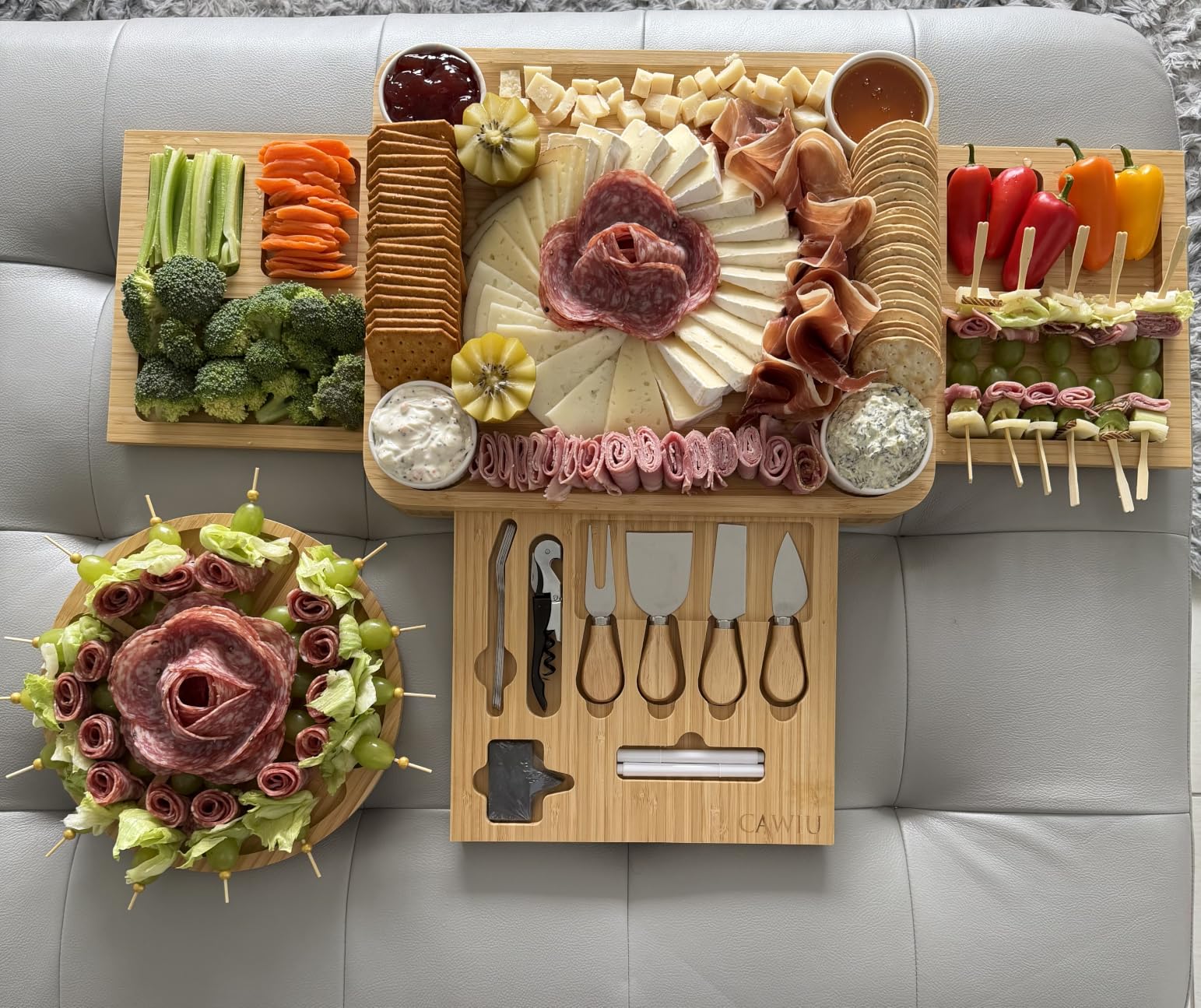 Large Bamboo Charcuterie Board Set with Lid, Drawers, Cream | Includes serving utensils and a fruit tray for easy entertaining; ideal for housewarmings, weddings and bridal showers. customer photo 1