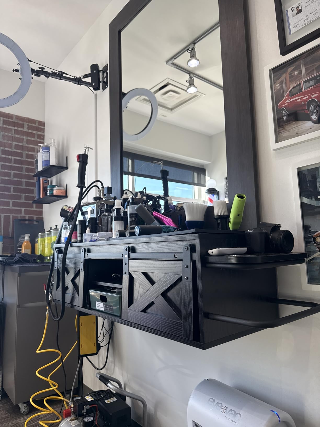 Wall Mount Hair Salon Station w/ Multifunctional Storage Space, Black | Floating Salon Stations for Hair Stylist with 2 Sliding Barn Doors, Barber Desk with 3 Hair Dryer Holes, 2 Towel Racks customer photo 1