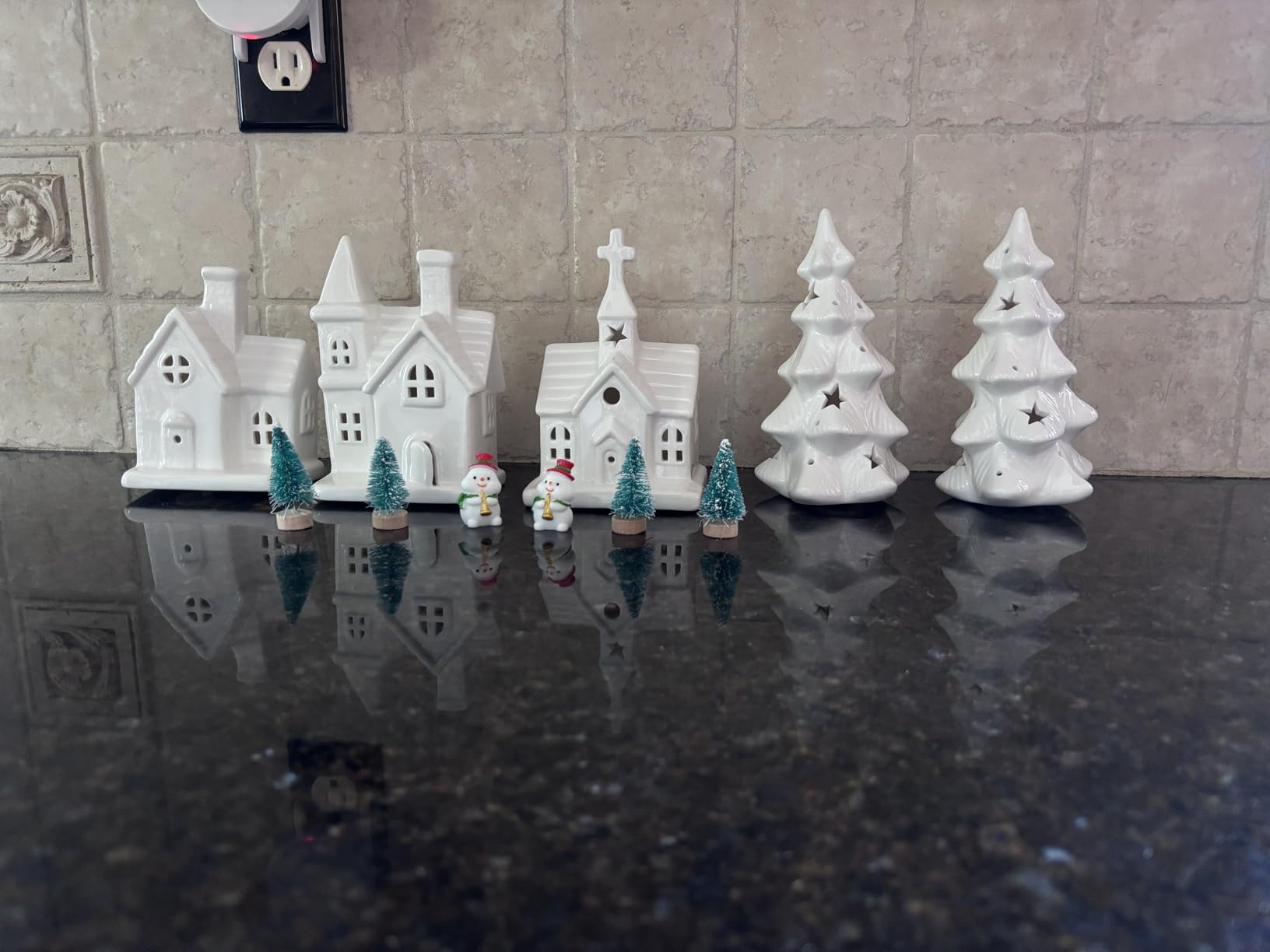 Christmas Decorations Indoor - 11 Pcs Ceramic Christmas Village Set | 3 Lighted Village Houses with 2 Lighted Ceramic Trees and more, LED Tabletop House Figurines Farmhouse Decoration customer photo 2