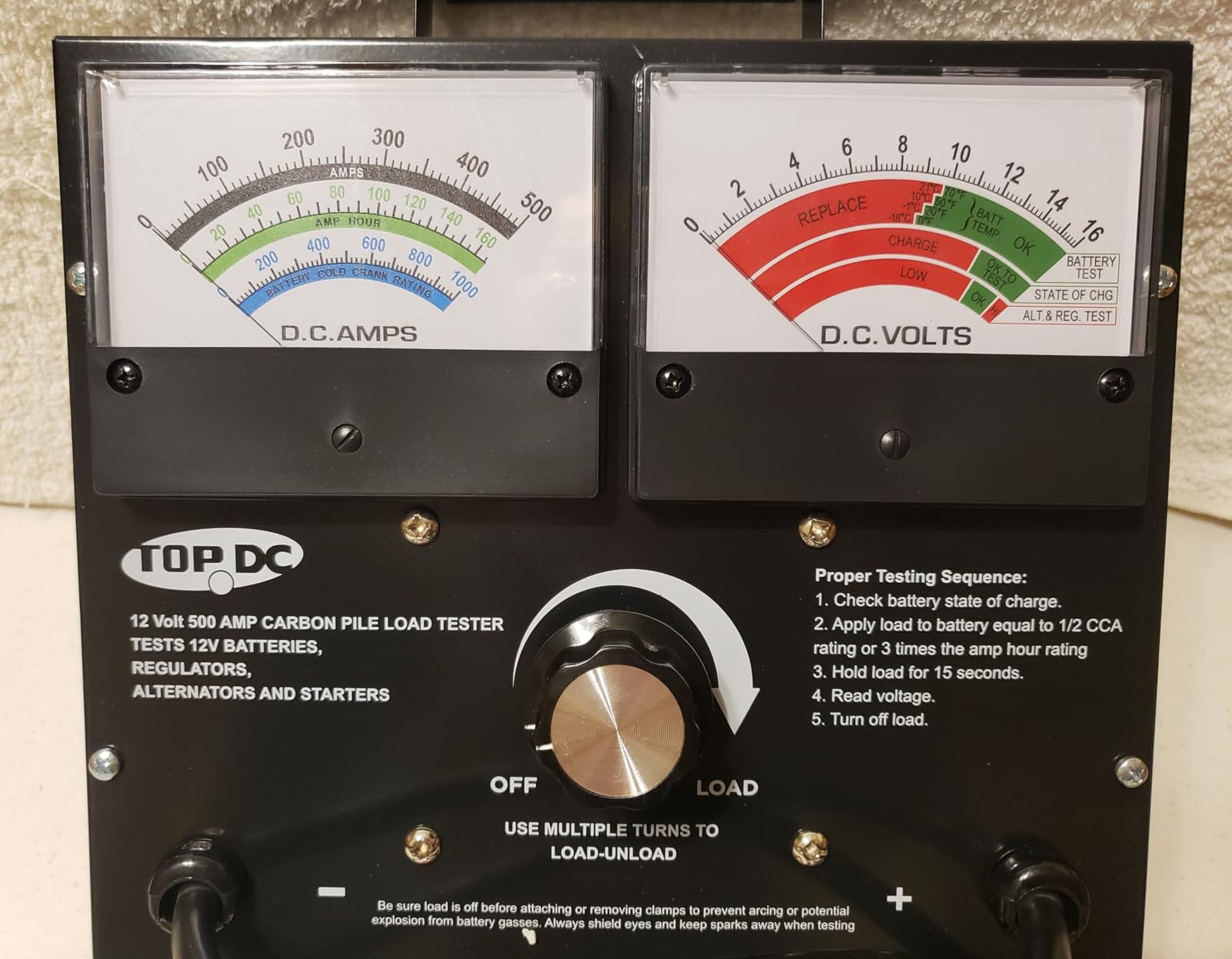 TOPDC 500A Carbon Pile Battery Load Tester, 12V, Up to 1000 CCA | Variable-load analog tester checks 12V lead-acid batteries, starters and alternators for cars, trucks, SUVs, RVs and boats customer photo 1