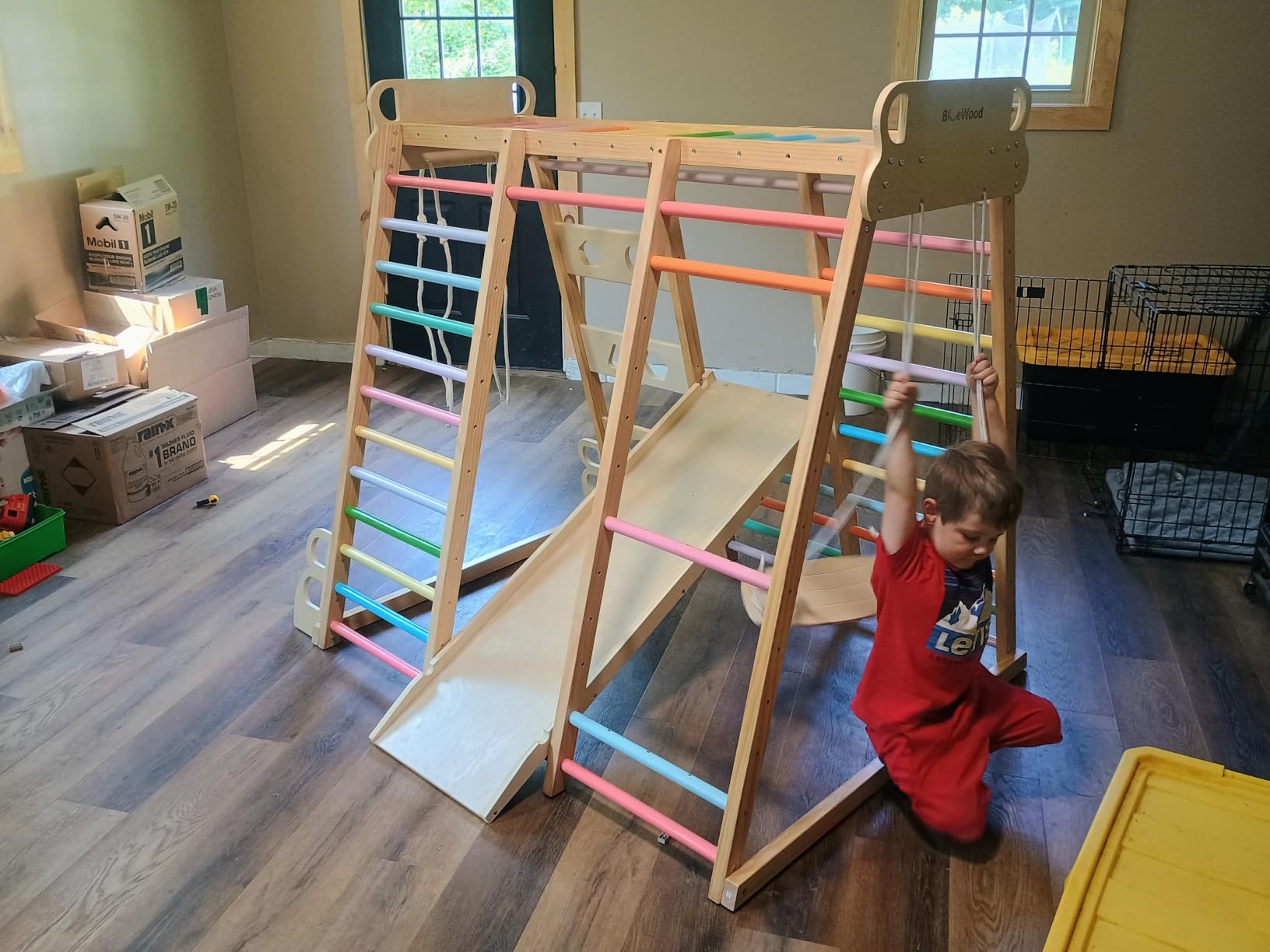 BlueWood Upgraded Indoor Jungle Gym 9-in-1 Playground Kids Climbing Toys, Waldorf Style Wooden Climber Playset with Slide, Swing, Monkey Bars, Upright/Rope Ladder, Climb Net customer photo 2