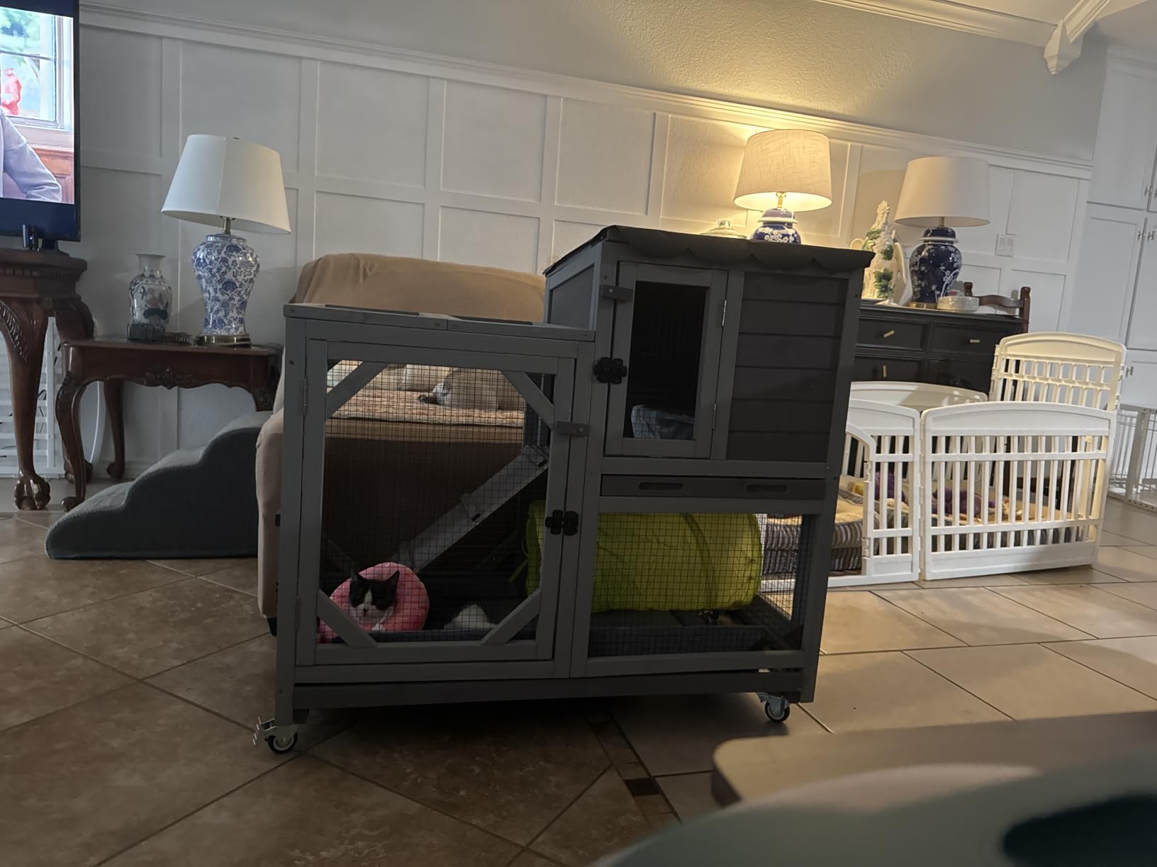 GUTINNEEN Wooden Duplex Rabbit Cage on Wheels with Chew-Proof Ramp, Brown | 4 mobile swivel casters, 2-story design, waterproof rain cover, 5 access doors, 2 sliding trays customer photo 1
