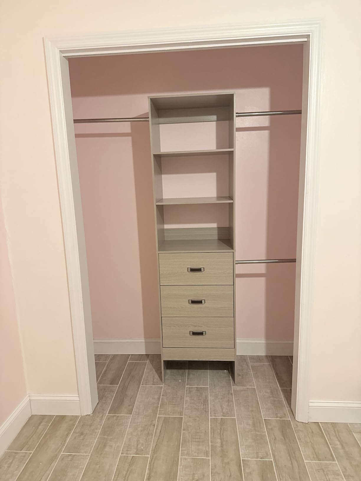 Besiost 96'' Closet Organizer System with 3 Hanging Rods, 8FT Closet Organizers and Storage with 3 Wooden Drawers, Built in Closet Organizer Systems, Adjustable Walk-in Wardrobe from 5-8FT, White customer photo 1