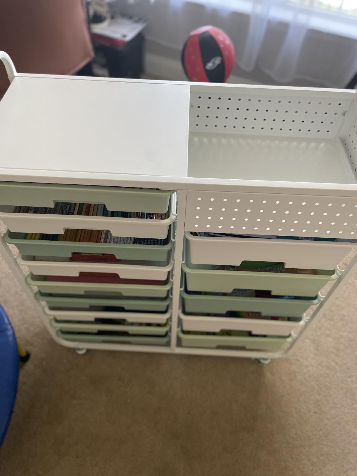 14 Drawer Rolling Storage Cart with Tabletop and Pegboard for Crafts Green | Easy Setup, Large Capacity, Sturdy Build, Smooth Mobility, For classroom, office and dorm supplies customer photo 2