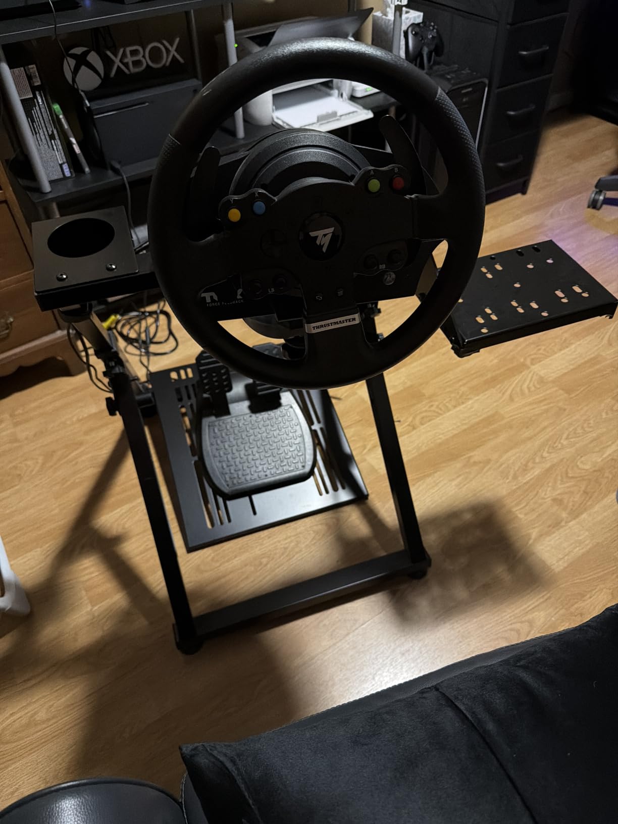CAMMOO High Compatible Racing Wheel Stand Fits Handbrake, with Cup Holder | 31 Holes Wheel Panel, 26 Holes Shifter Panel, Foldable Sim Steering Racing Stand with Dual Anti-Slip, Wide Height Adjustment customer photo 1