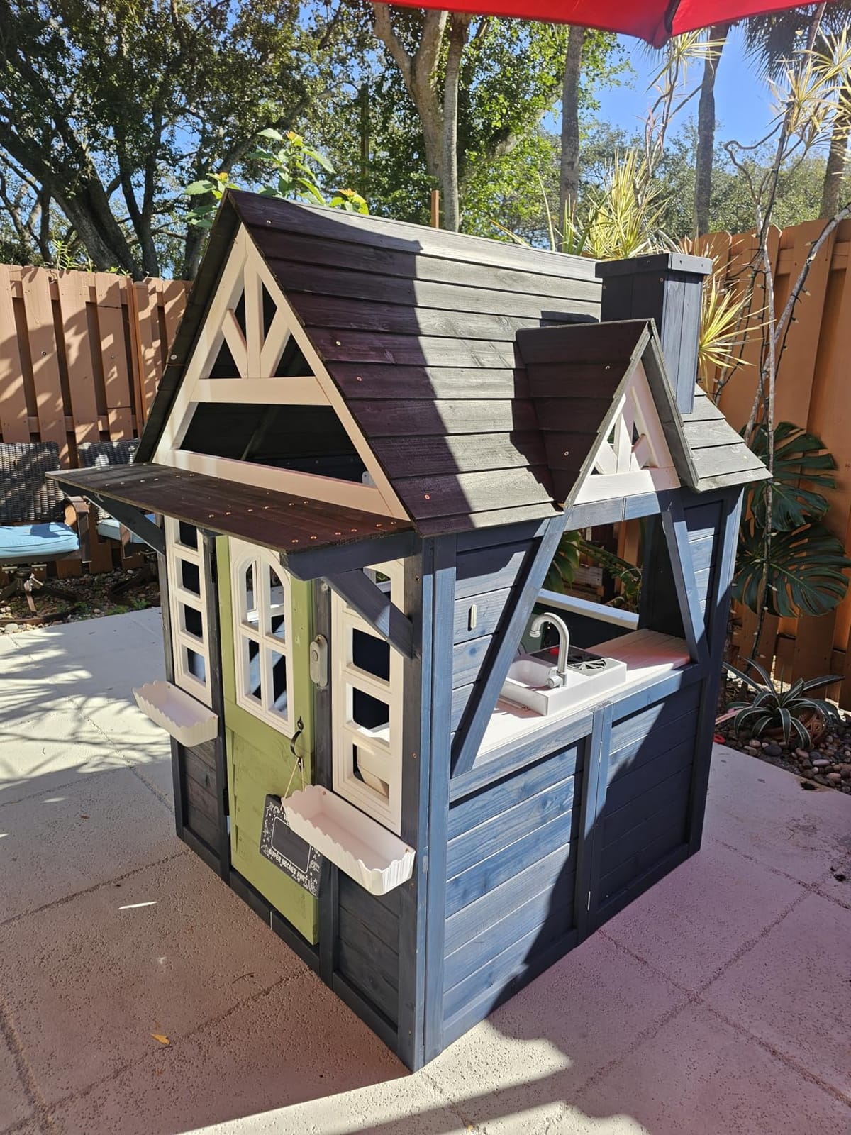 YOFE Kids Playhouse Outdoor, Wooden Play House Playset for Kids, Large, Sturdy, Realistic Design with Kitchen, Doorbell, Flower Pot, Stove, Sink & Clock, Perfect for Kid Ages 3-8 (Blue) customer photo 2