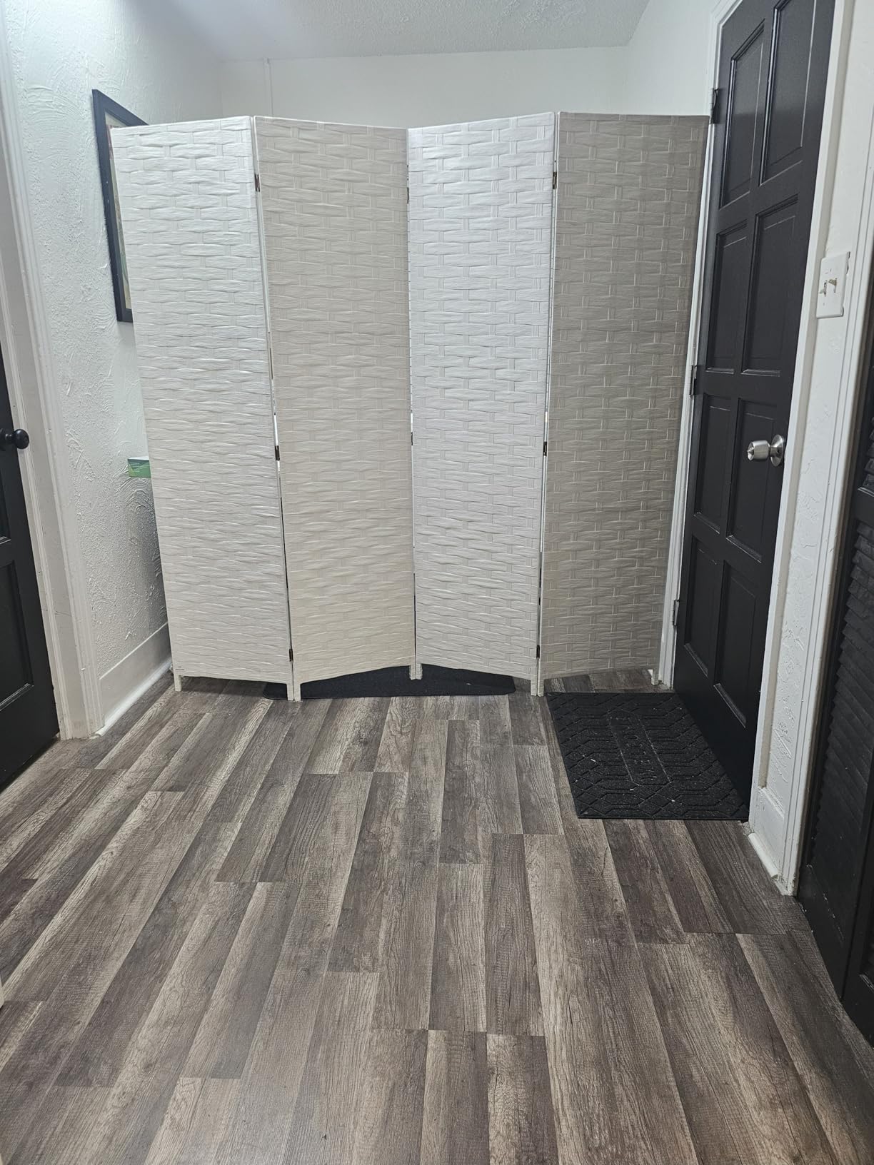 FDW Room Divider Wood Screen 4 Panel Folding Portable Partition Screens Wooden Mesh Woven Design Room Screen Divider for Home Office (Coal Black) customer photo 2