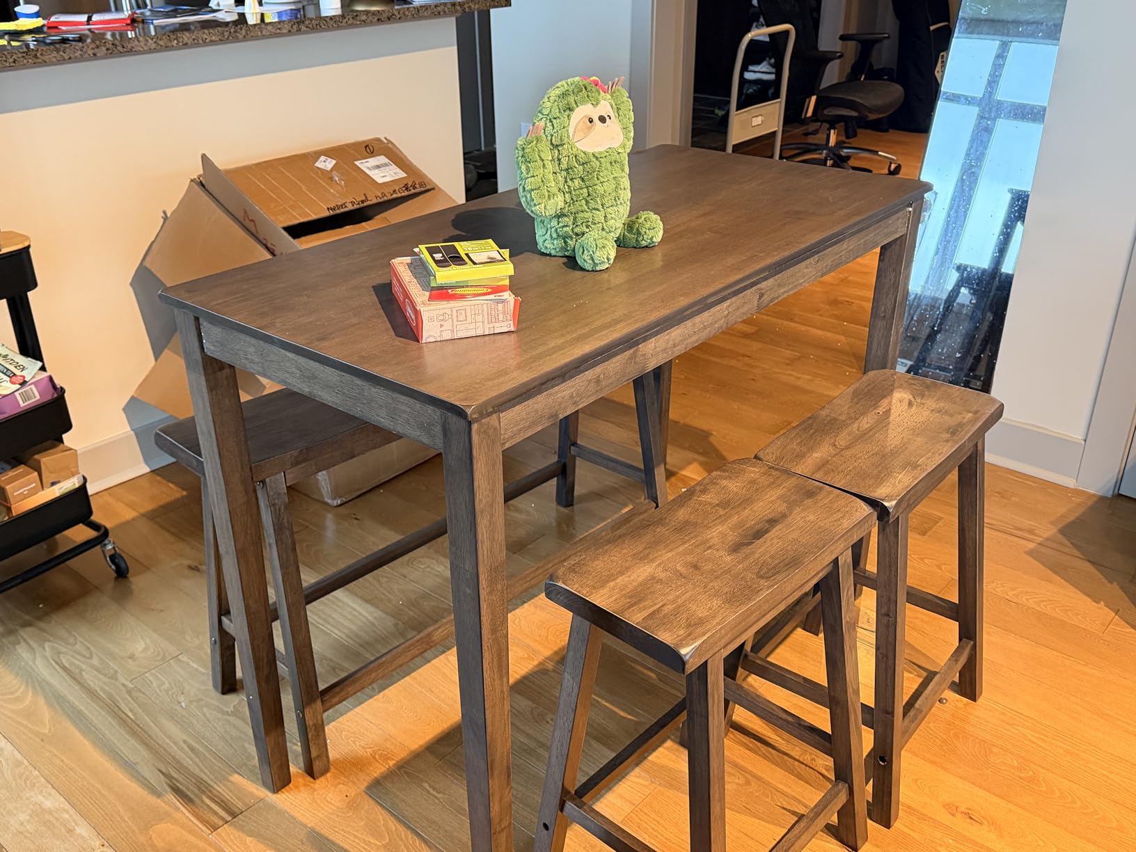 PHI VILLA Counter Height Bar Table and Chairs Set for 4, Walnut/Black | Solid Wood, Easy to Clean, Saddle Seat Design, Space Saving, Dining Table With Bench and Stools customer photo 1