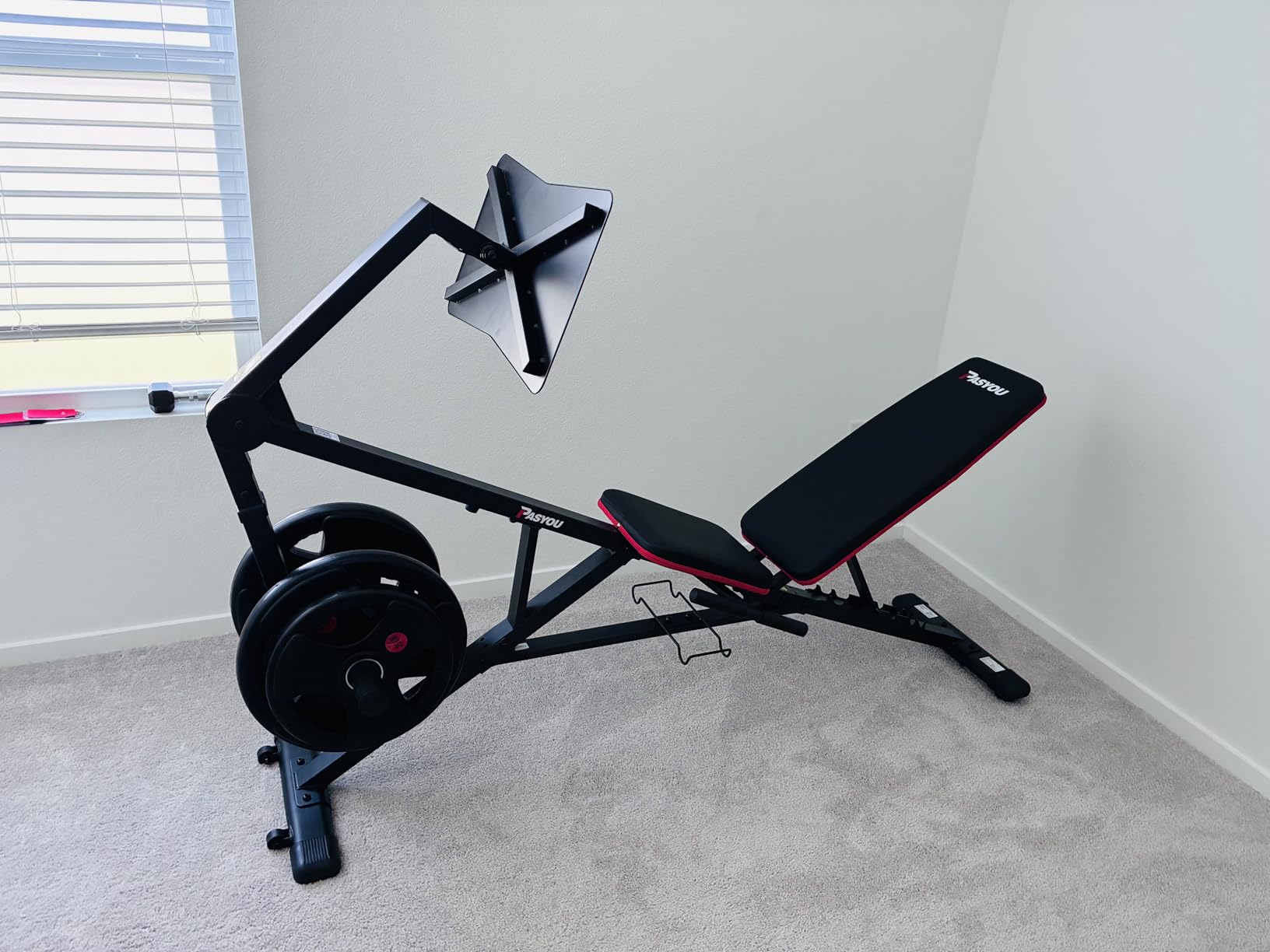 PASYOU Adjustable Weight Bench for Home Gym, Leg Press Machine - Adjustable Foot Plate Weight Bench with Leg Press, Compact Fitness Bench for Glutes, Quads, Compatible with 1'' and 2'' Weight Plates customer photo 1
