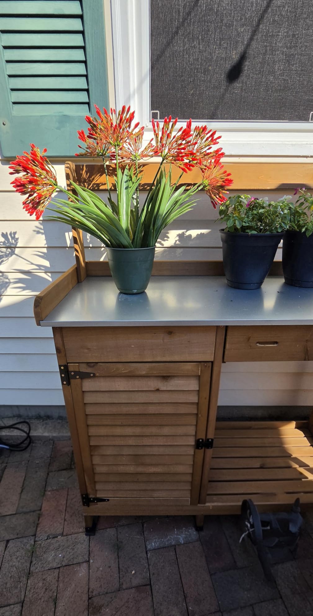 Garden Potting Bench Table Wooden Horticulture Outdoor Planting Work Bench with Metal Tabletop/Hooks/2 Large Open Shelf(34.8