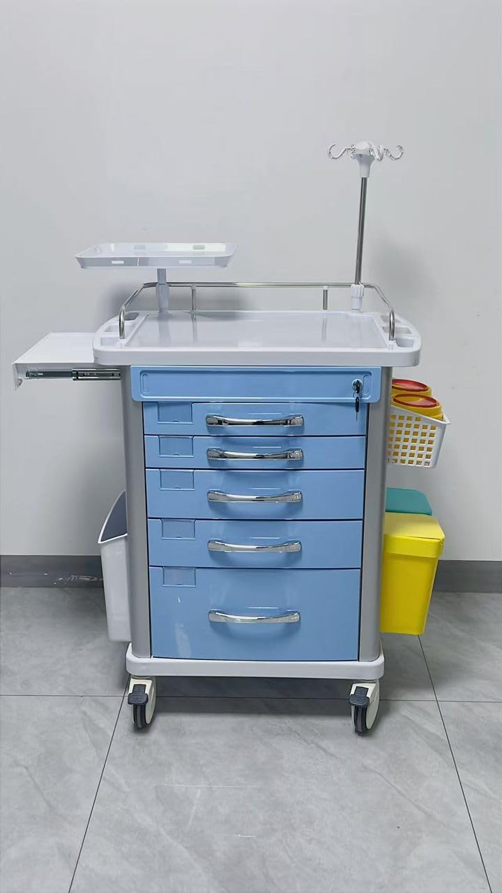 Medical Crash Cart | Emergency Rolling Trolley with 5 Locking Drawers | Hospital Procedure & Lab Utility Cart w/IV Pole, CPR Board, Defib Shelf & Power Strip | Mobile Workstation for Dental & Clinic customer photo 2