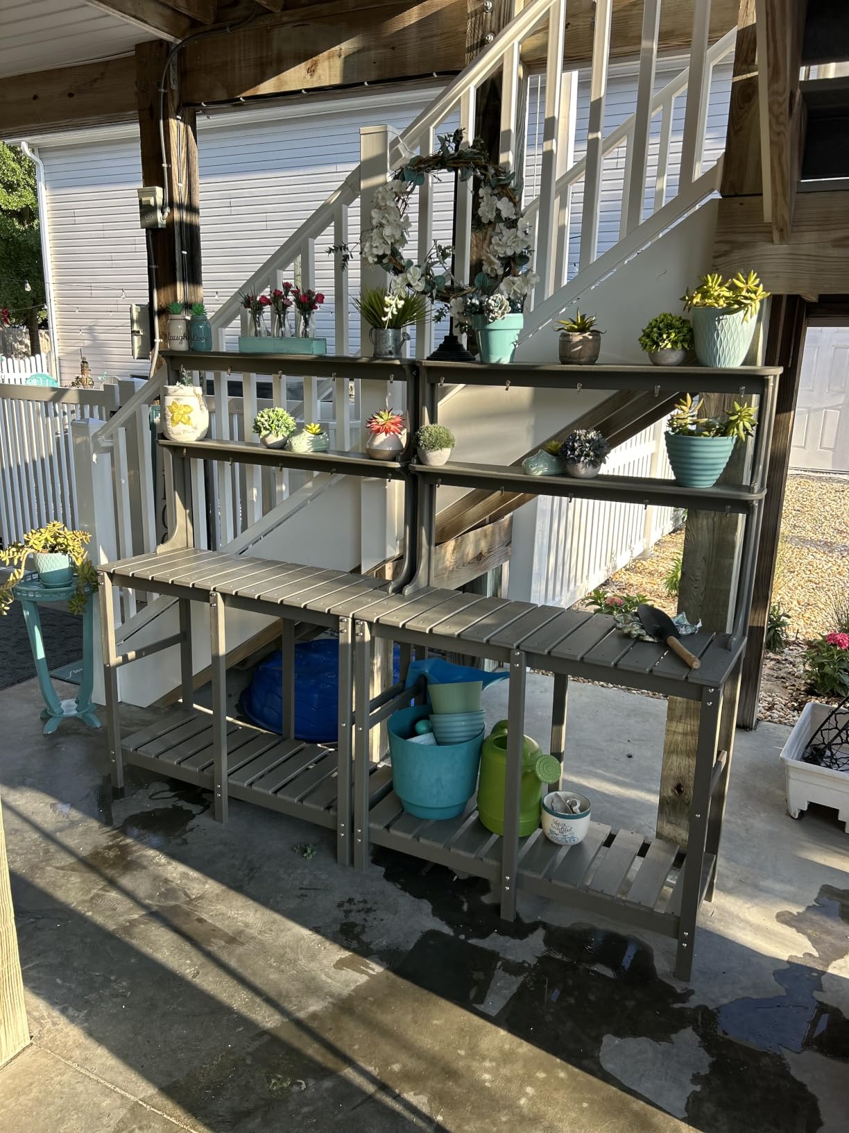 Outdoor Potting Bench with 3 Tier, All-Weather Patio Potting Table with Tool Hooks, HDPE Gardening Table for Backyard, Garden, Brown customer photo 2