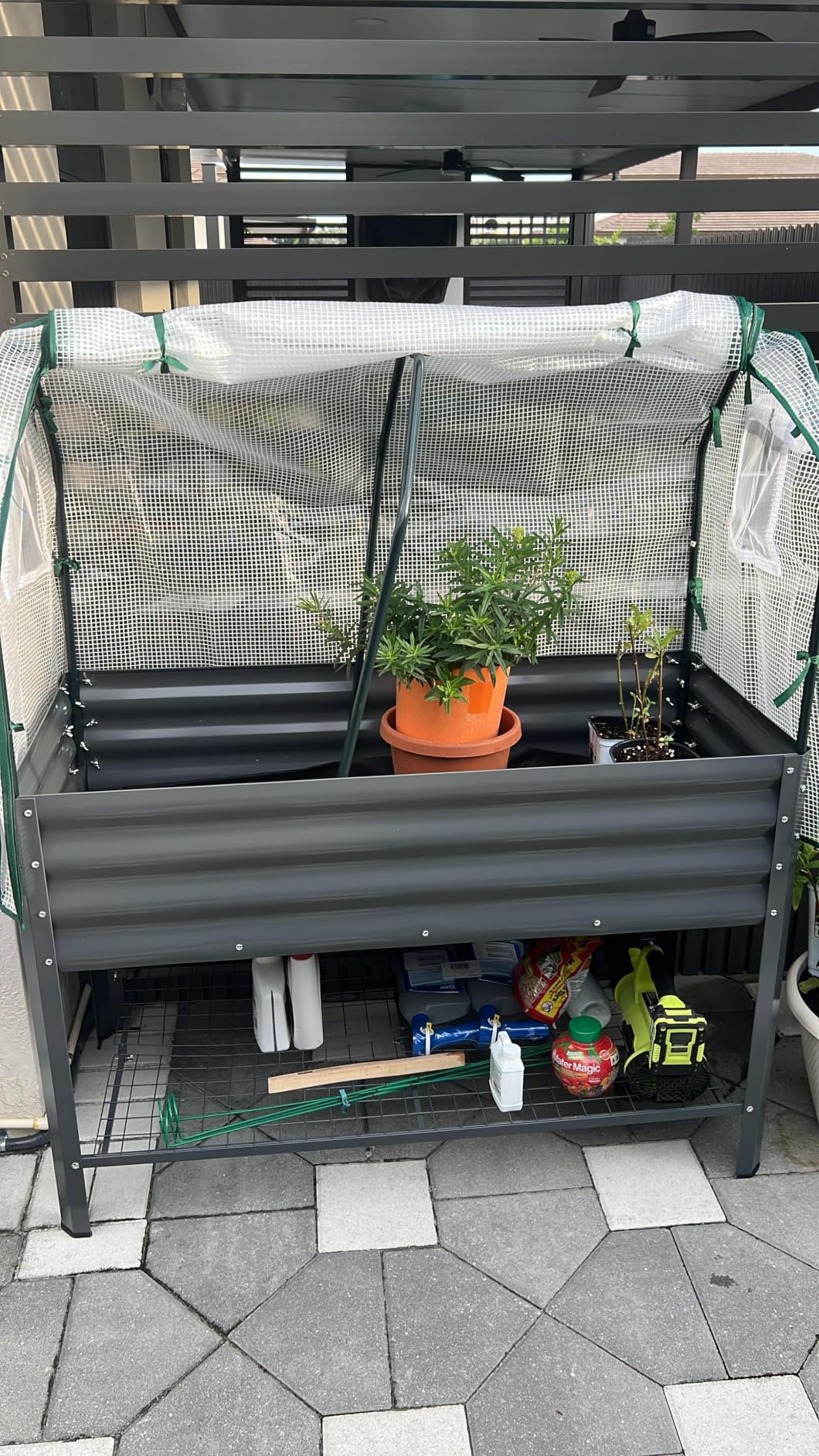 Outsunny Galvanised Raised Garden Bed with Greenhouse Cover, Black | Metal Elevated Garden Bed with Legs, Bed Liner, Bottom Shelf, Outdoor Raised Planter Box for Vegetables, Herbs, Flowers customer photo 2
